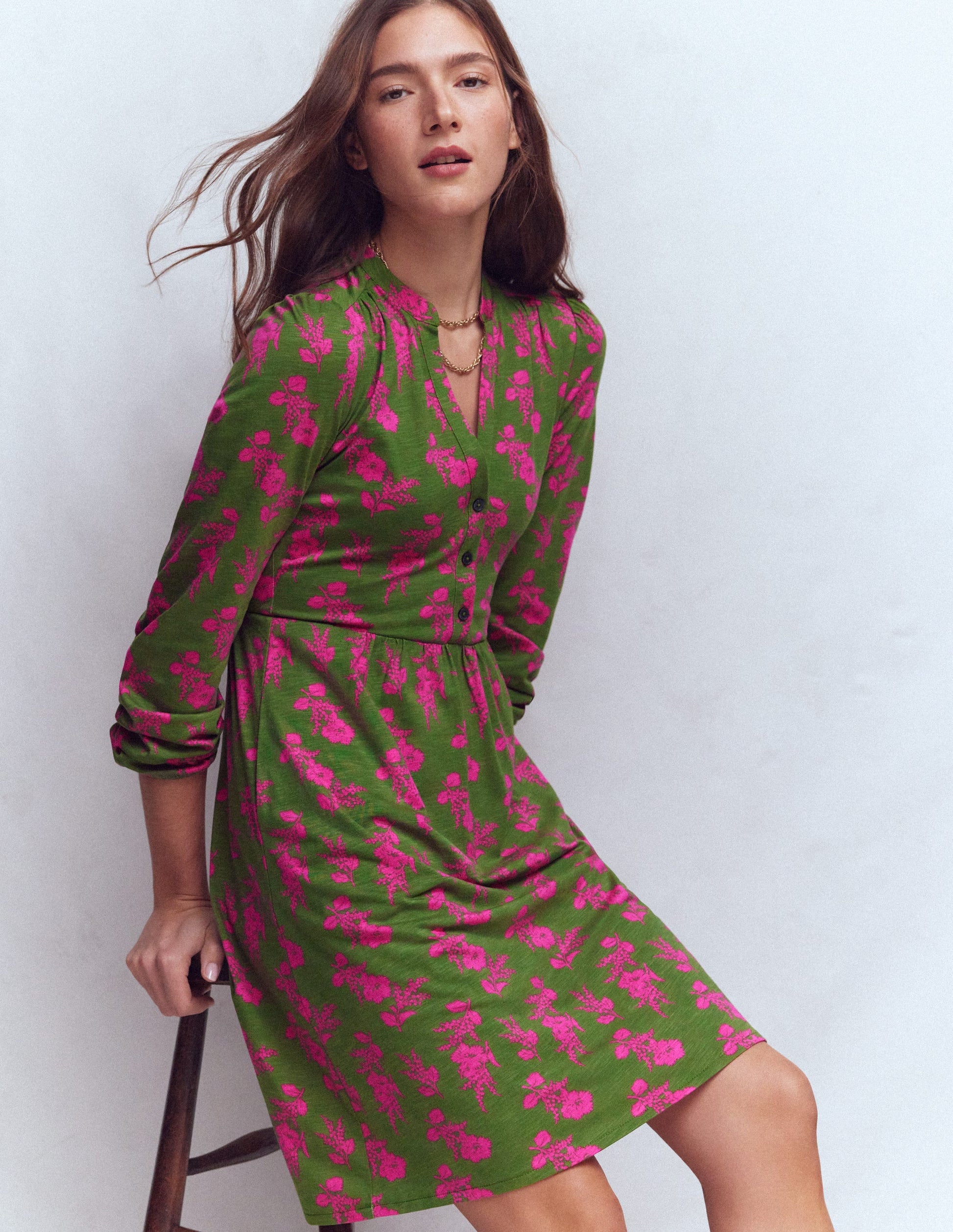 Amy Short Jersey Dress-Pink and Green Floral-1