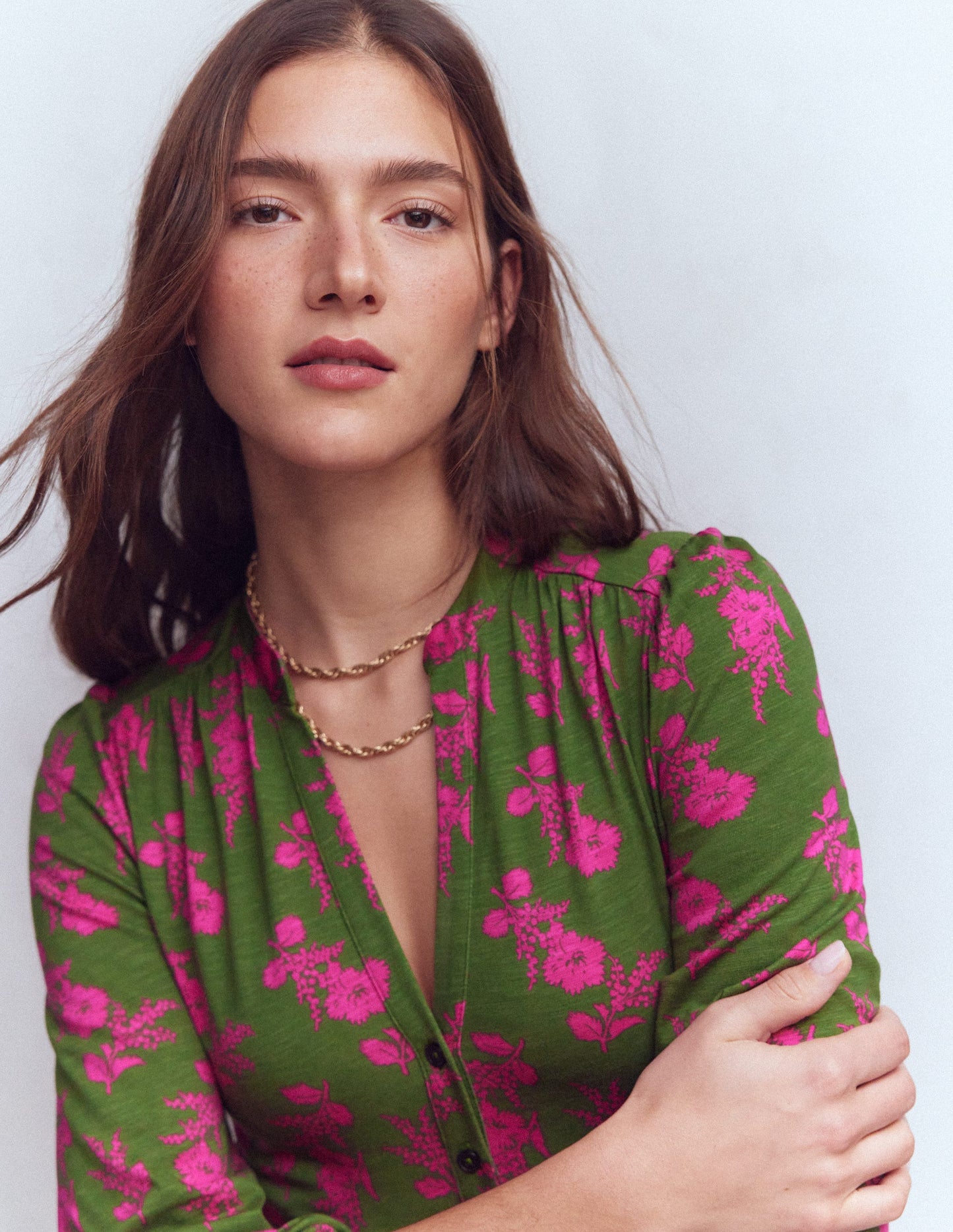 Amy Short Jersey Dress-Pink and Green Floral