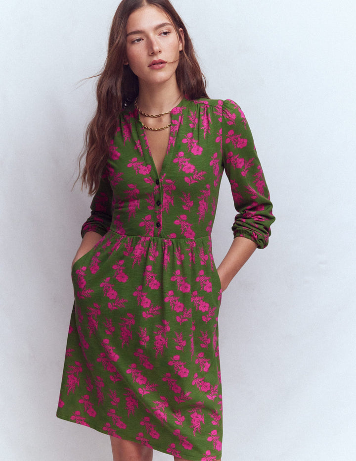 Amy Short Jersey Dress-Olive, Blossomy Sprig