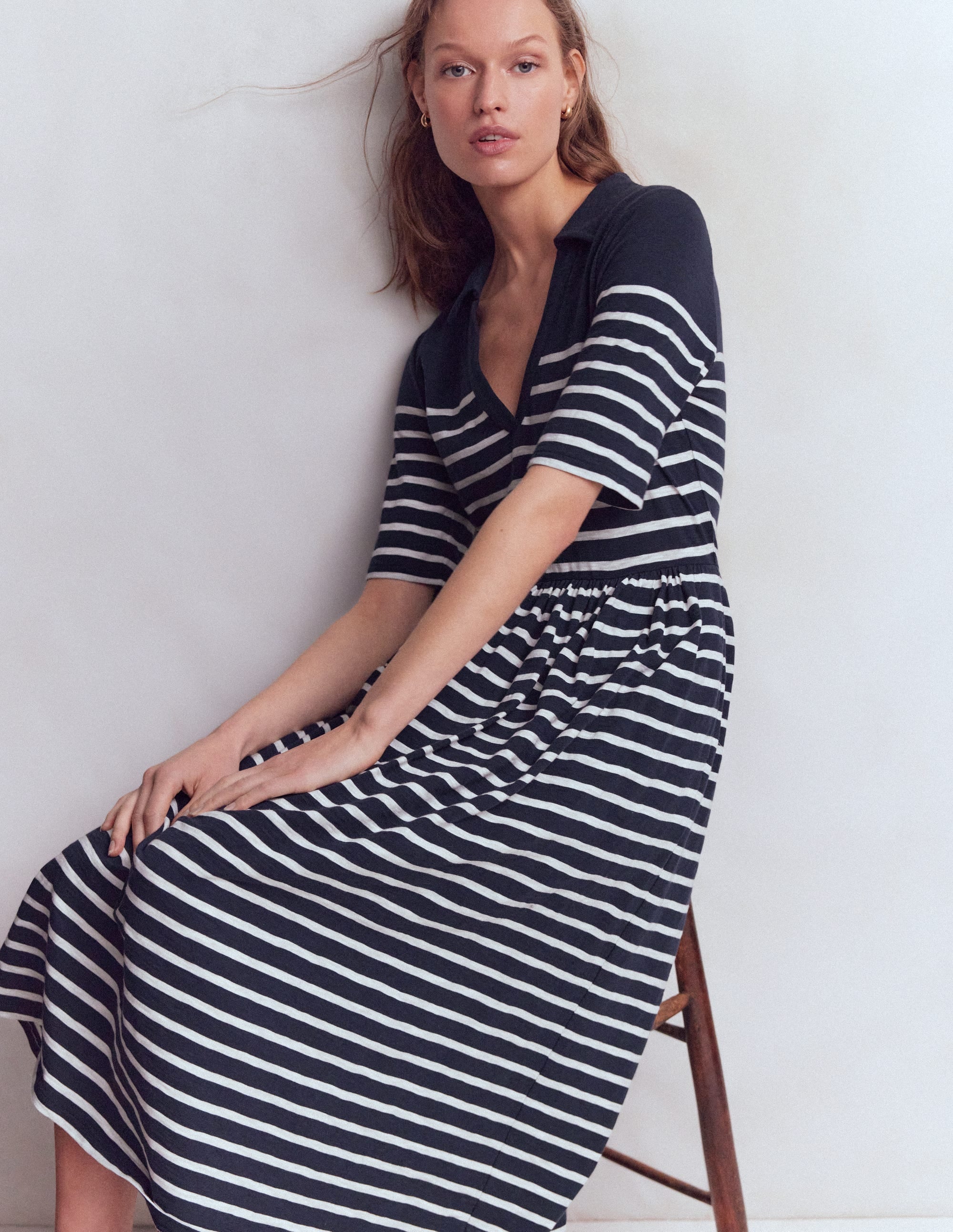 Aria Collared Jersey Dress-Navy, Ivory Stripe - Image 1