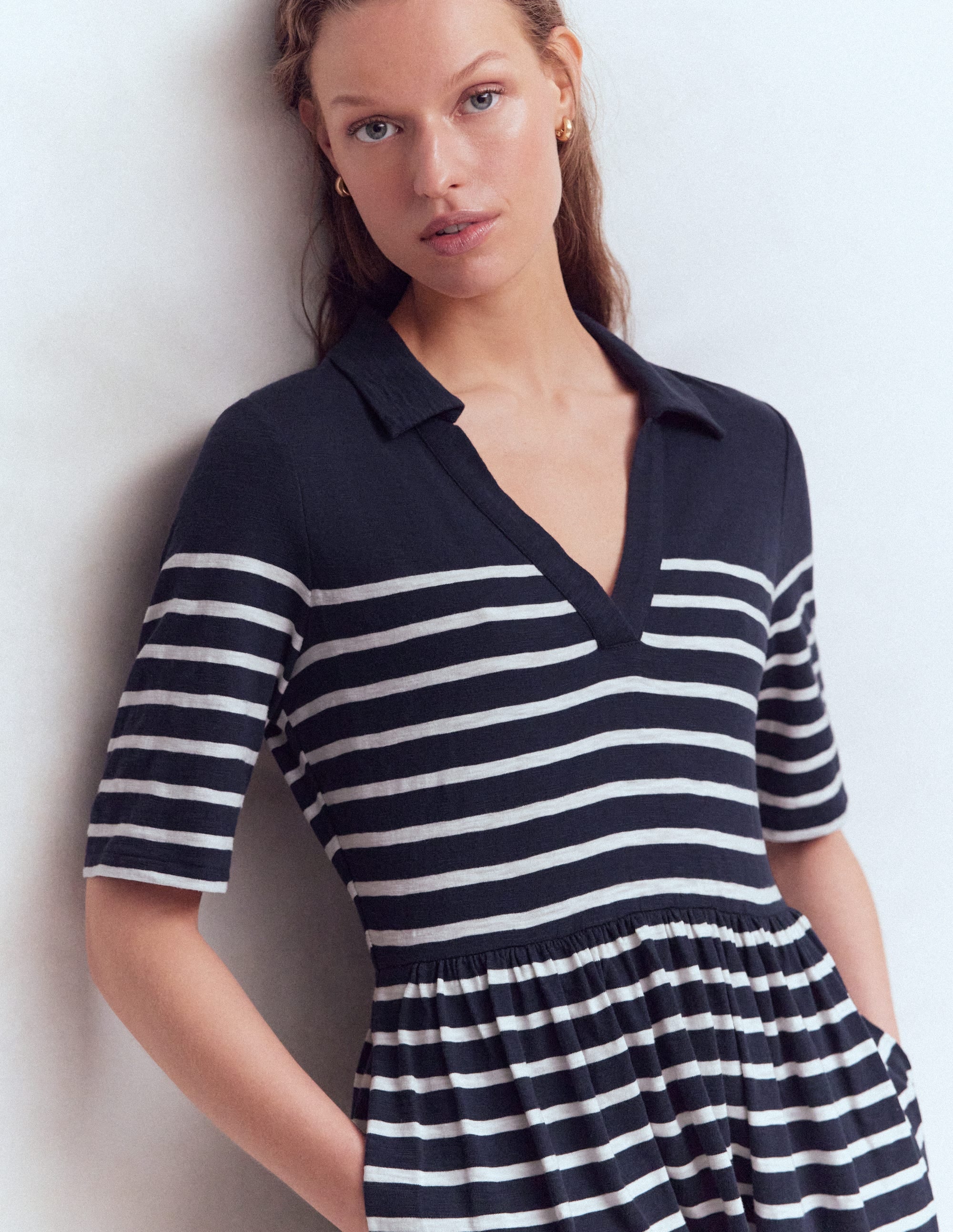 Aria Collared Jersey Dress-Navy, Ivory Stripe - Image 2