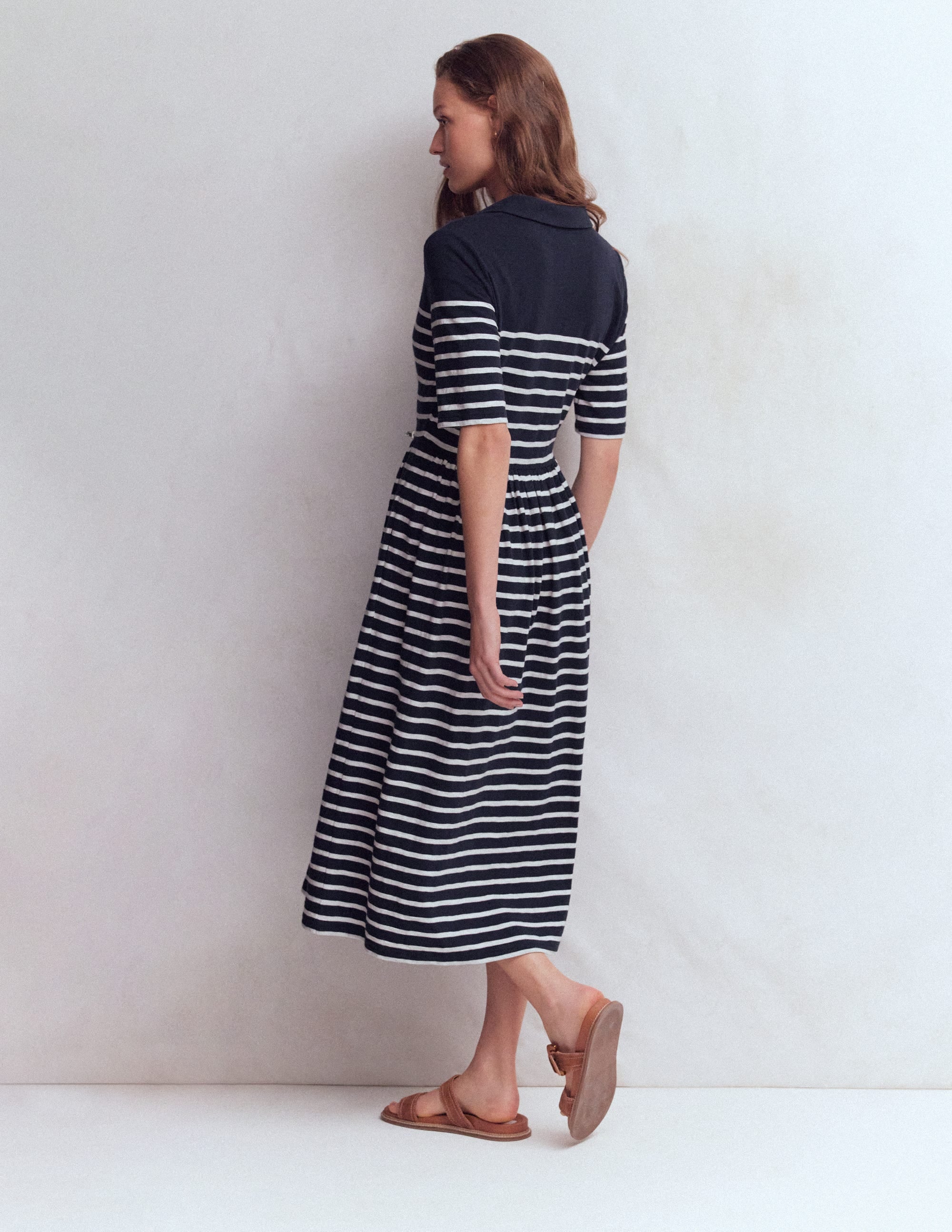 Aria Collared Jersey Dress-Navy, Ivory Stripe - Image 3