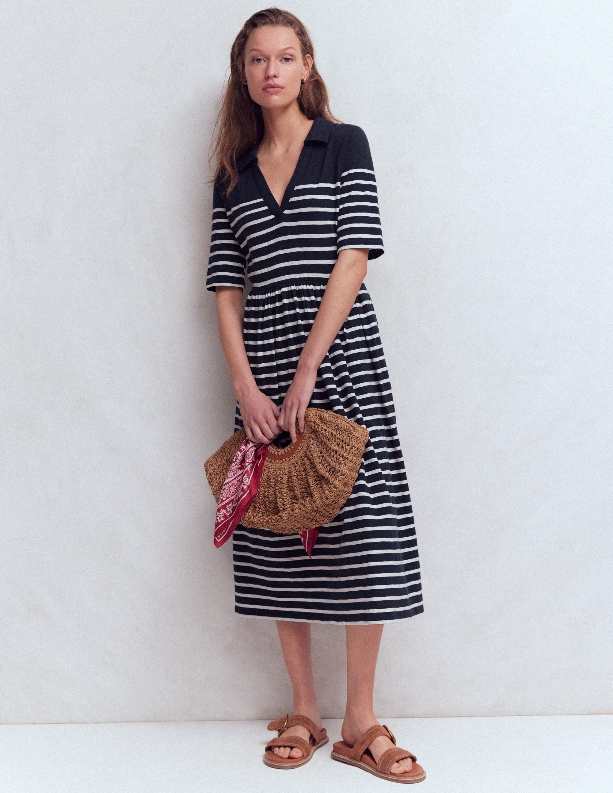 Aria Collared Jersey Dress-Navy, Ivory Stripe - Image 4