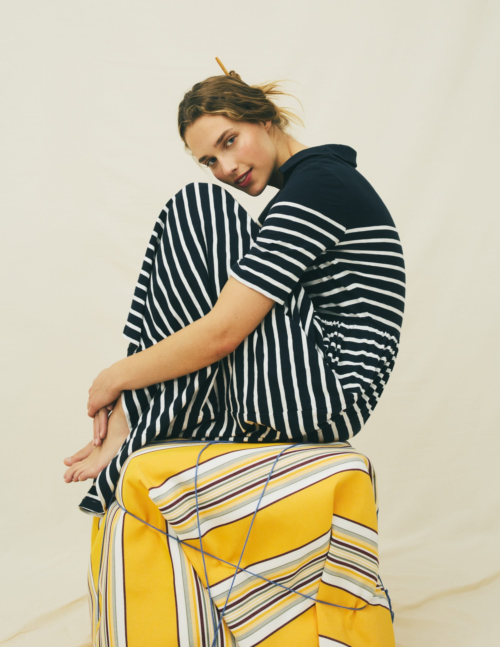 Aria Collared Jersey Dress-Navy, Ivory Stripe - Image 5