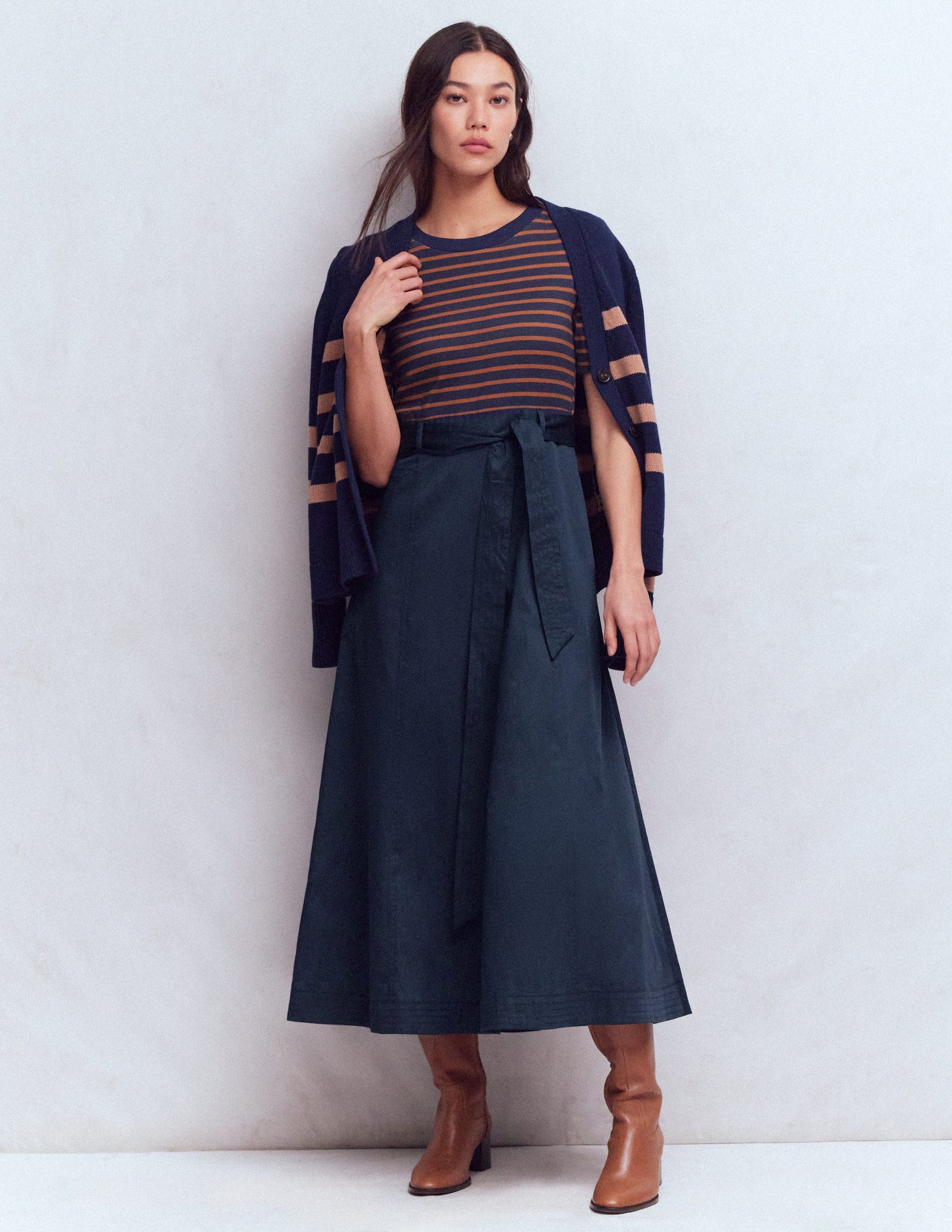 Crew Neck Mix Media Dress-Navy Stripe-1