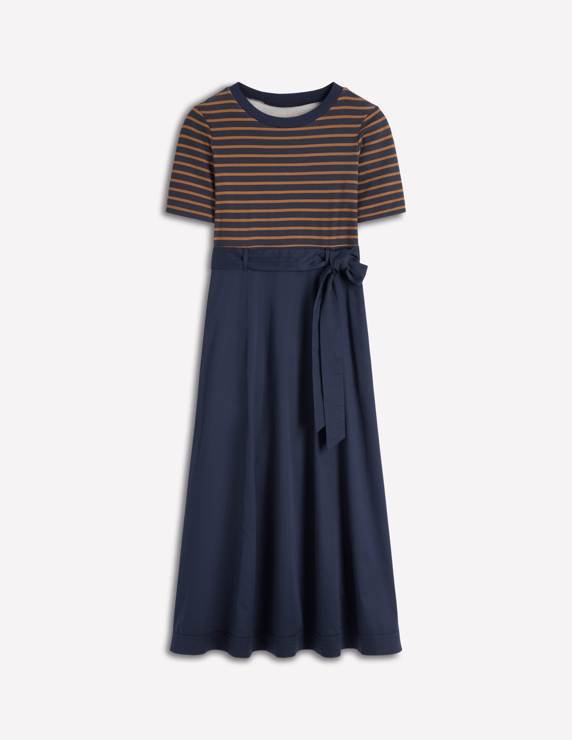 Crew Neck Mix Media Dress-Navy and Gingerbread Stripe - Image 5