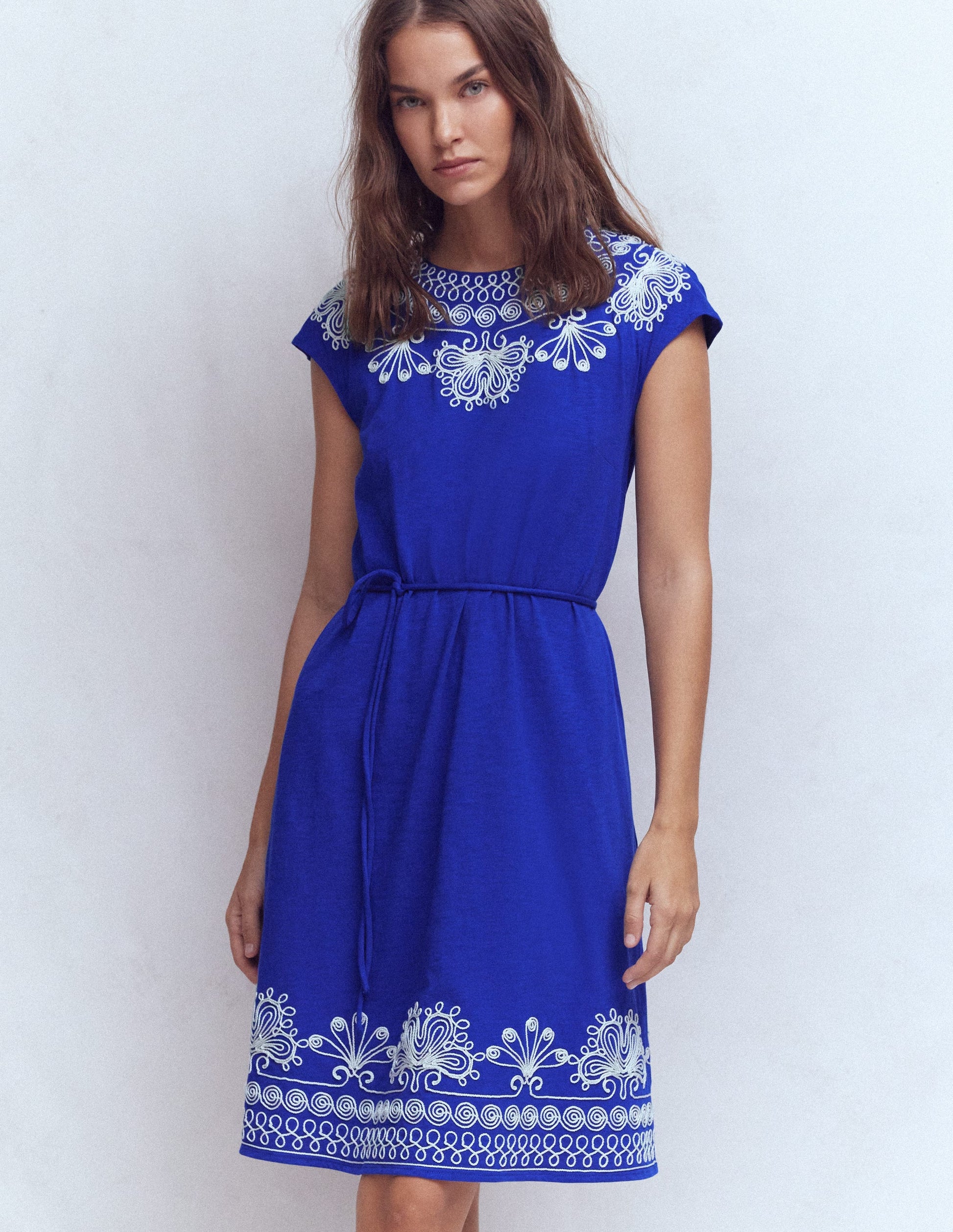 Embroidered Jersey Short Dress-Bright Blue | Boden USA Embroidered Jersey Short Dress-Bright Blue | Boden USA