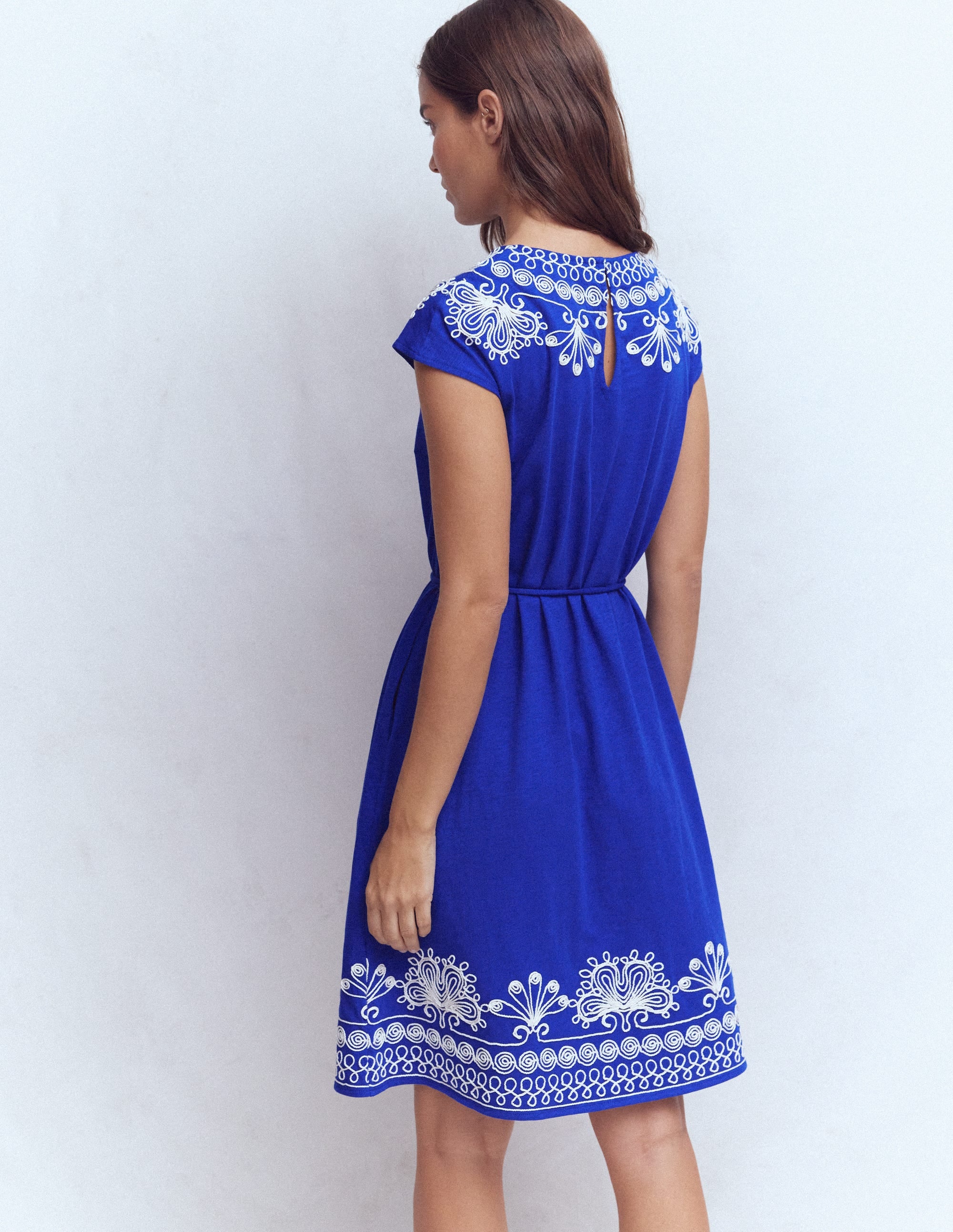 Embroidered Jersey Short Dress - Bright Blue