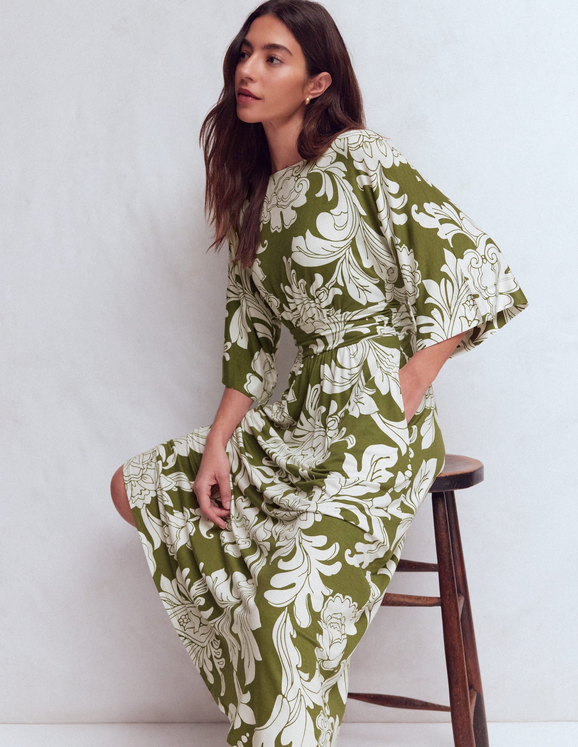 Imelda Kimono Jersey Dress-Olive, Botanical Flourish Mono - Image 1
