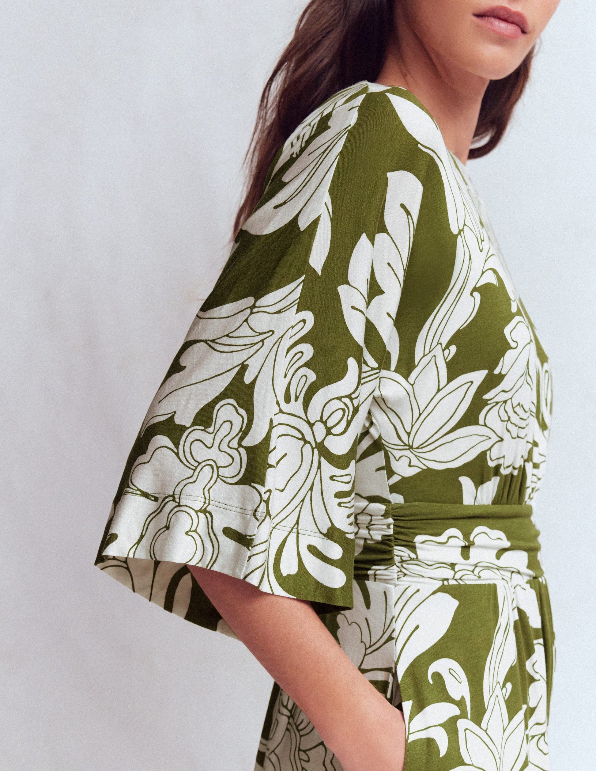 Imelda Kimono Jersey Dress-Olive, Botanical Flourish Mono-2