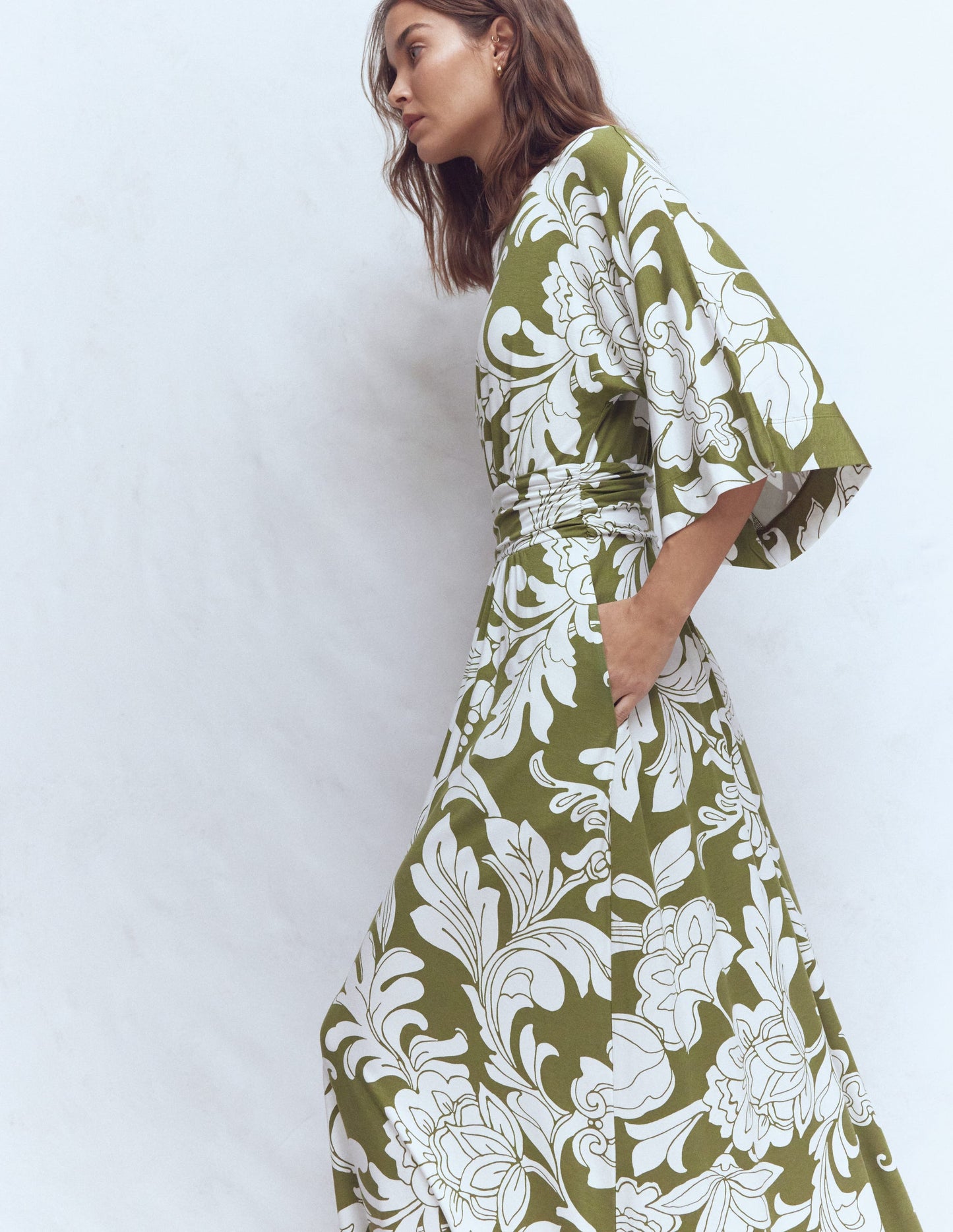 Imelda Kimono Jersey Dress-Olive, Botanical Flourish Mono