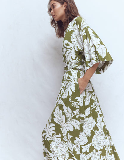 Imelda Kimono Jersey Dress-Olive, Botanical Flourish Mono-4