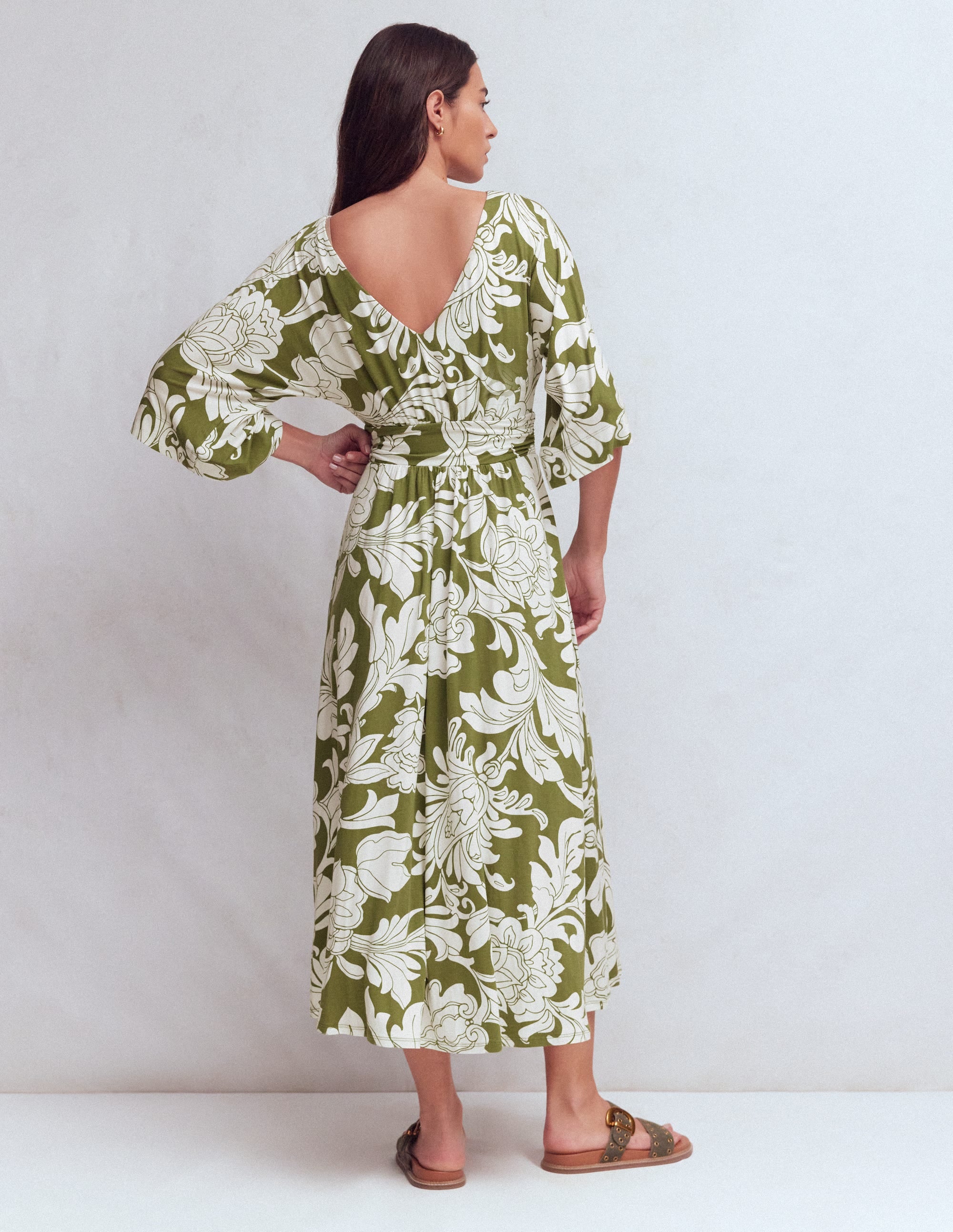 Imelda Kimono Jersey Dress-Olive, Botanical Flourish Mono - Image 3