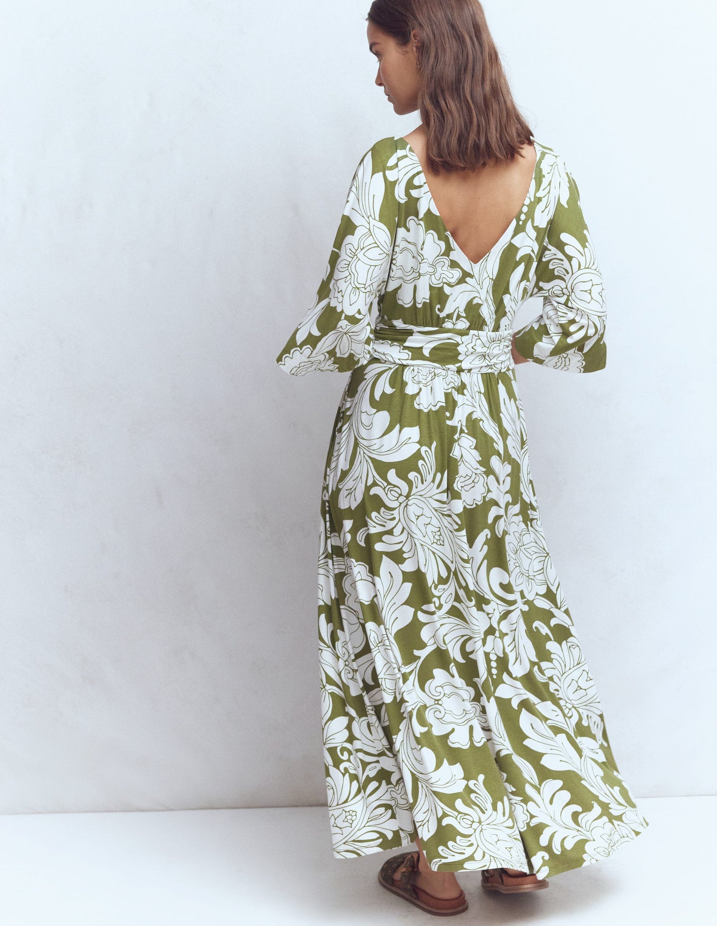 Imelda Kimono Jersey Dress-Olive, Botanical Flourish Mono