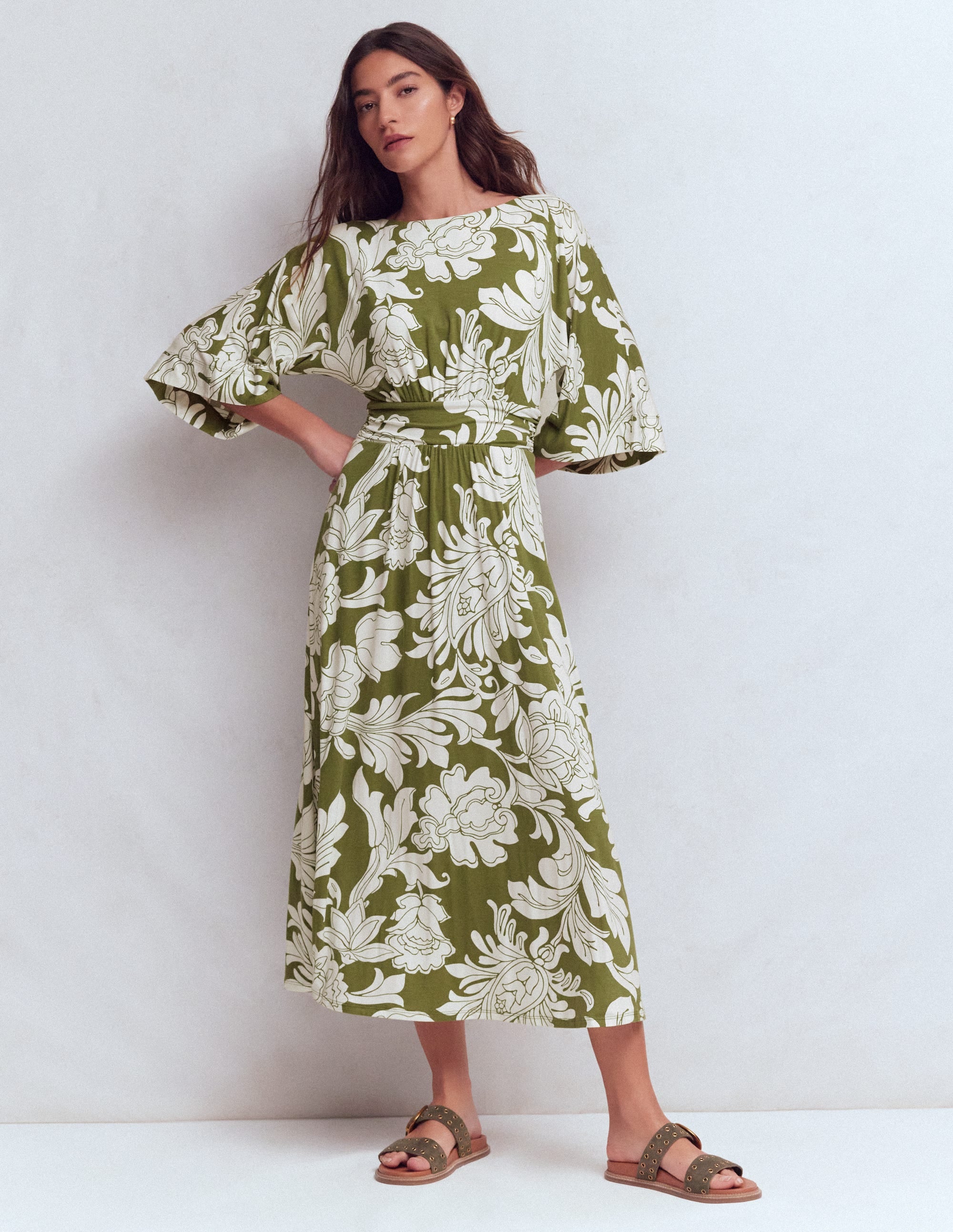 Imelda Kimono Jersey Dress-Olive, Botanical Flourish Mono - Image 4