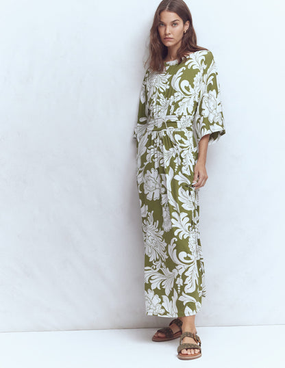 Imelda Kimono Jersey Dress-Olive, Botanical Flourish Mono-6