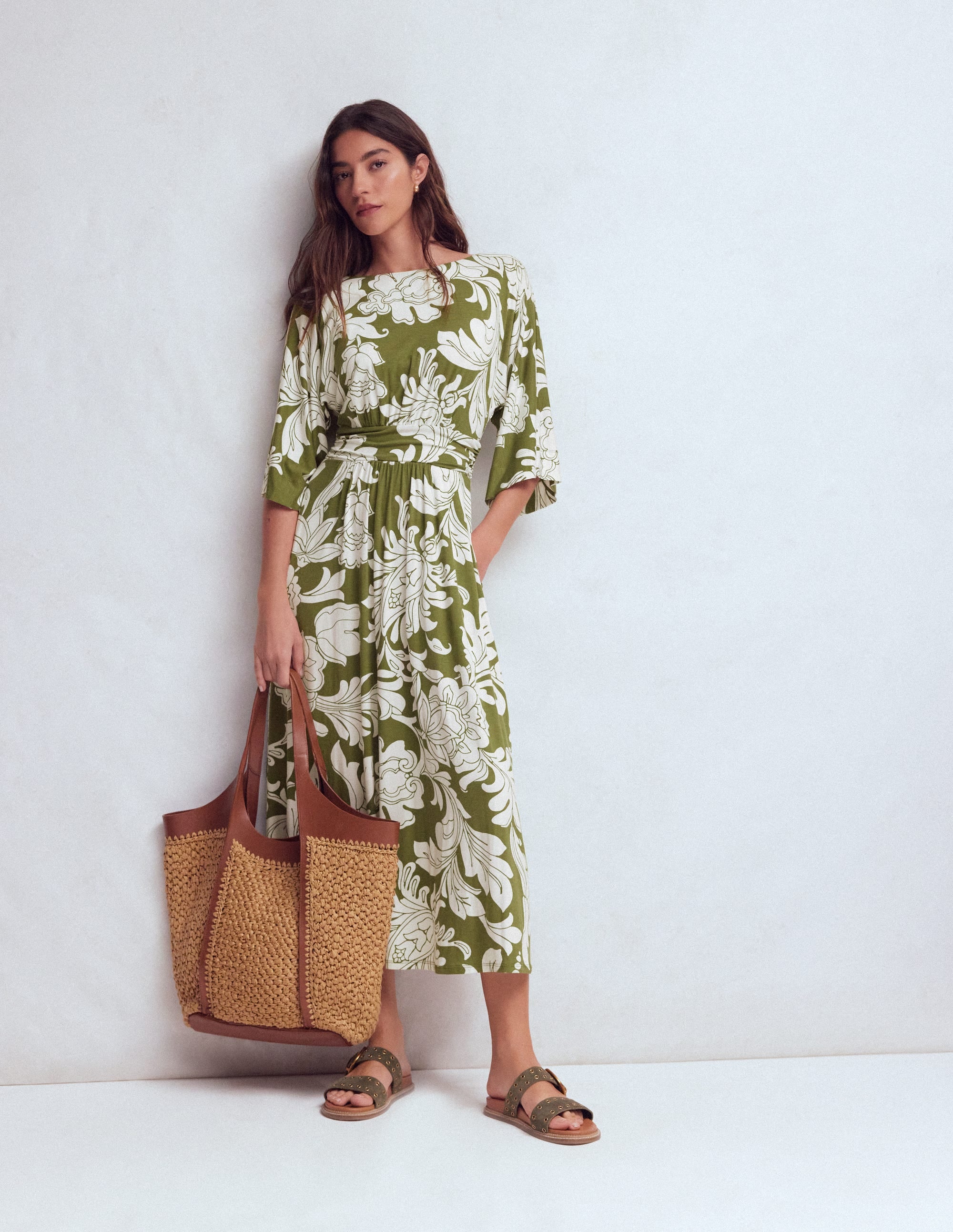 Imelda Kimono Jersey Dress-Olive, Botanical Flourish Mono - Image 5