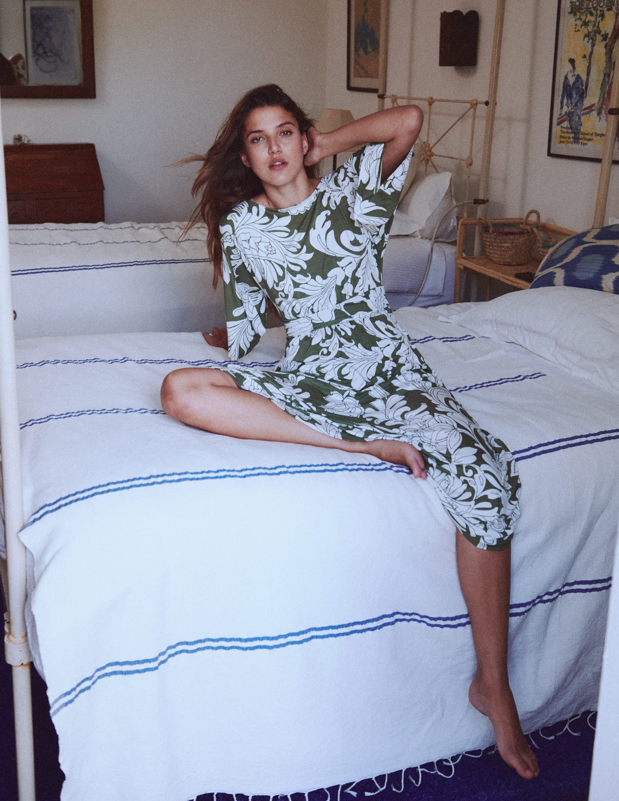 Imelda Kimono Jersey Dress-Olive, Botanical Flourish Mono - Image 6