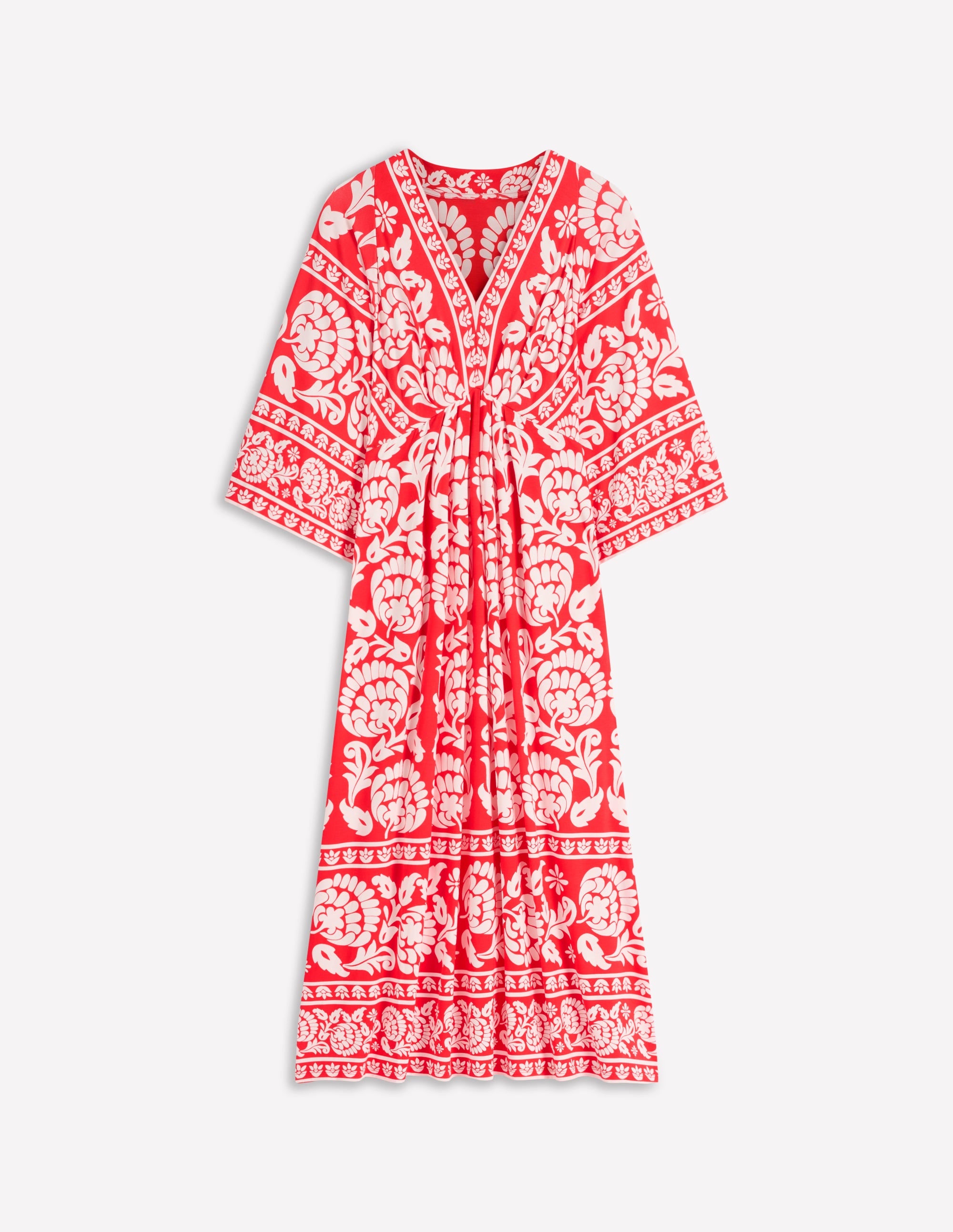 Nell Kimono Midi Jersey Dress-Bright Cherry, Ornate Floret - Image 5