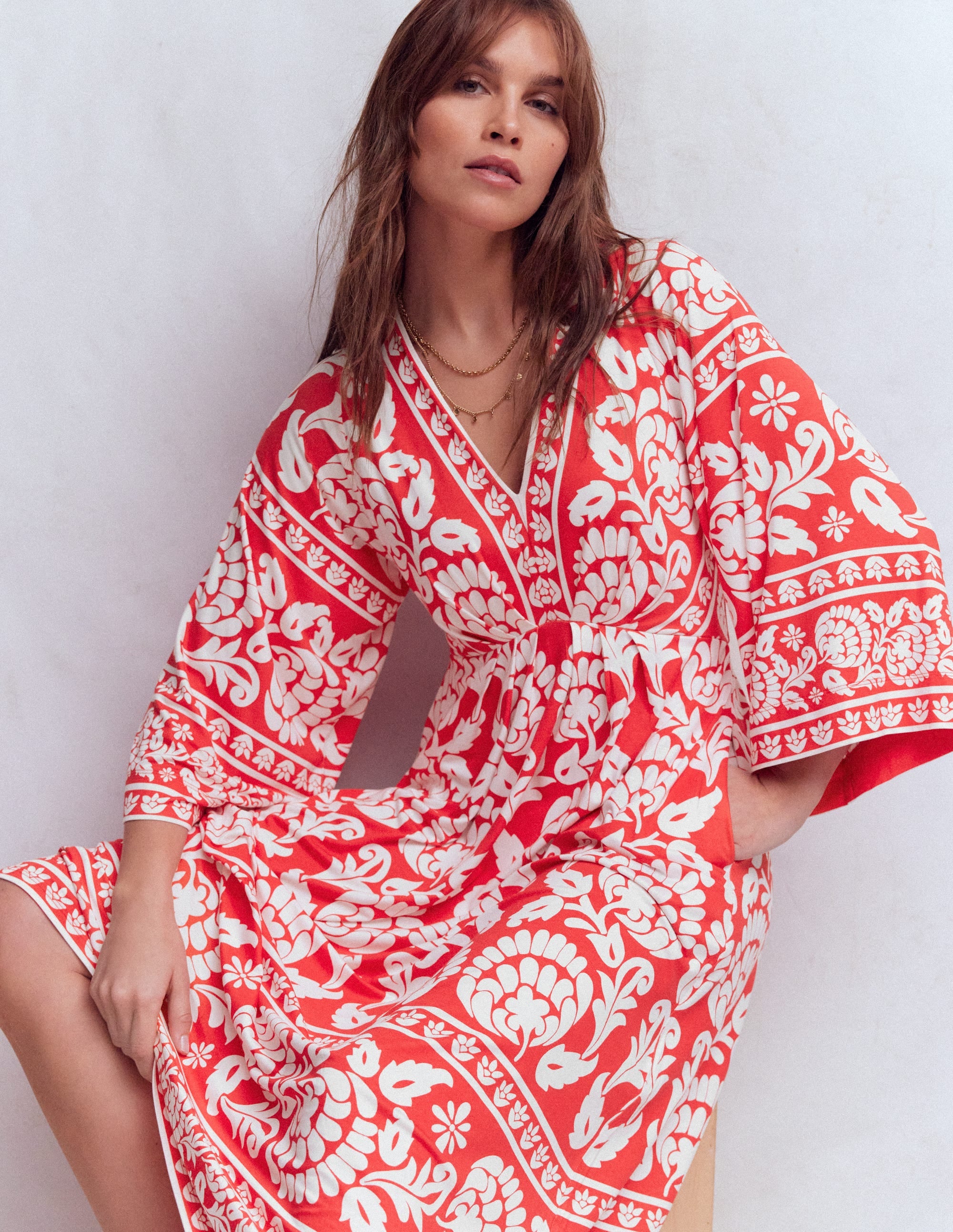 Nell Kimono Midi Jersey Dress-Bright Cherry, Ornate Floret - Image 2