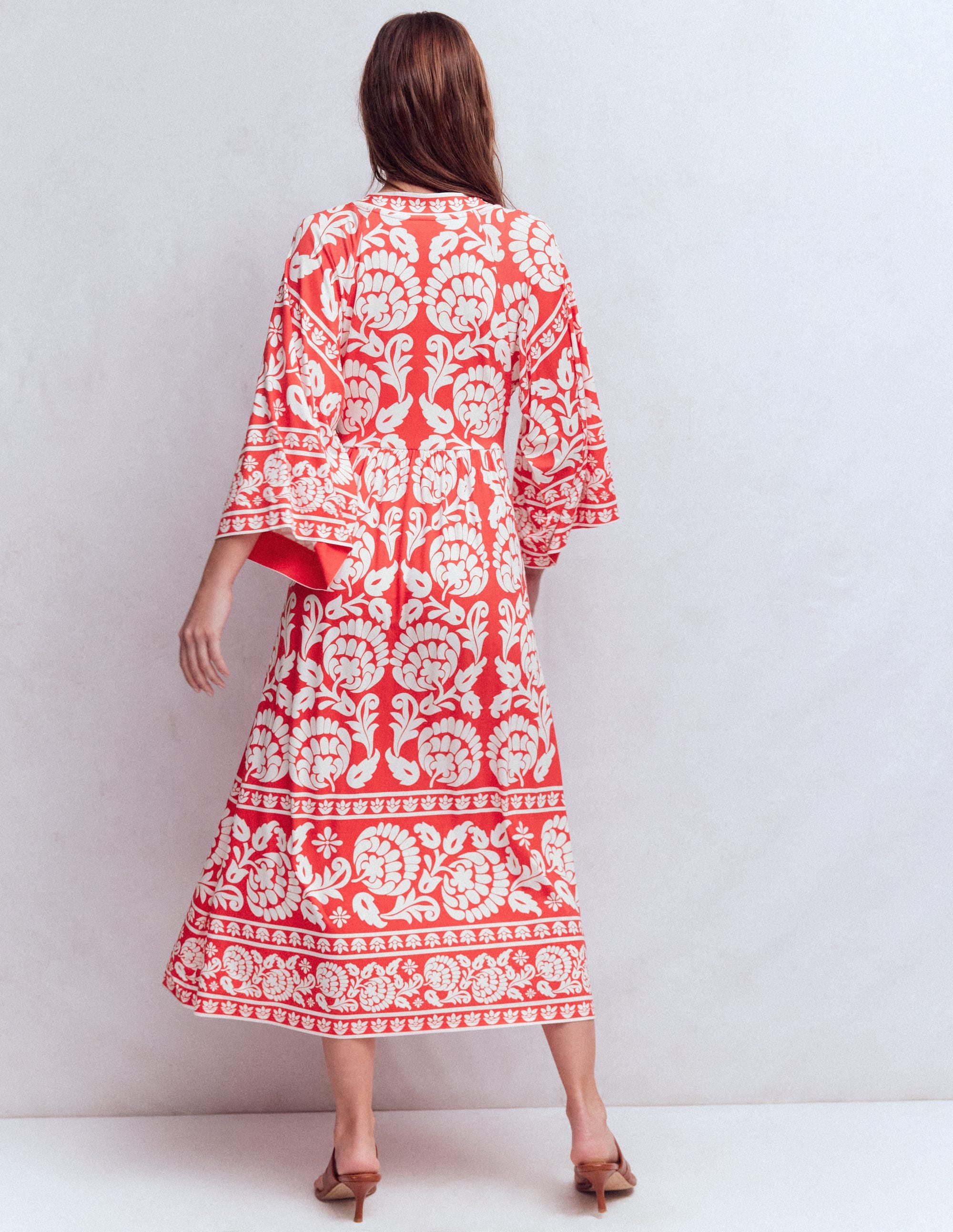Nell Kimono Midi Jersey Dress-Bright Cherry, Ornate Floret - Image 4