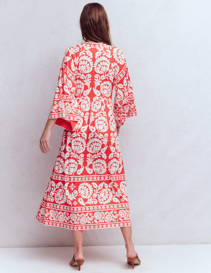Nell Kimono Midi Jersey Dress-Bright Cherry, Ornate Floret-3