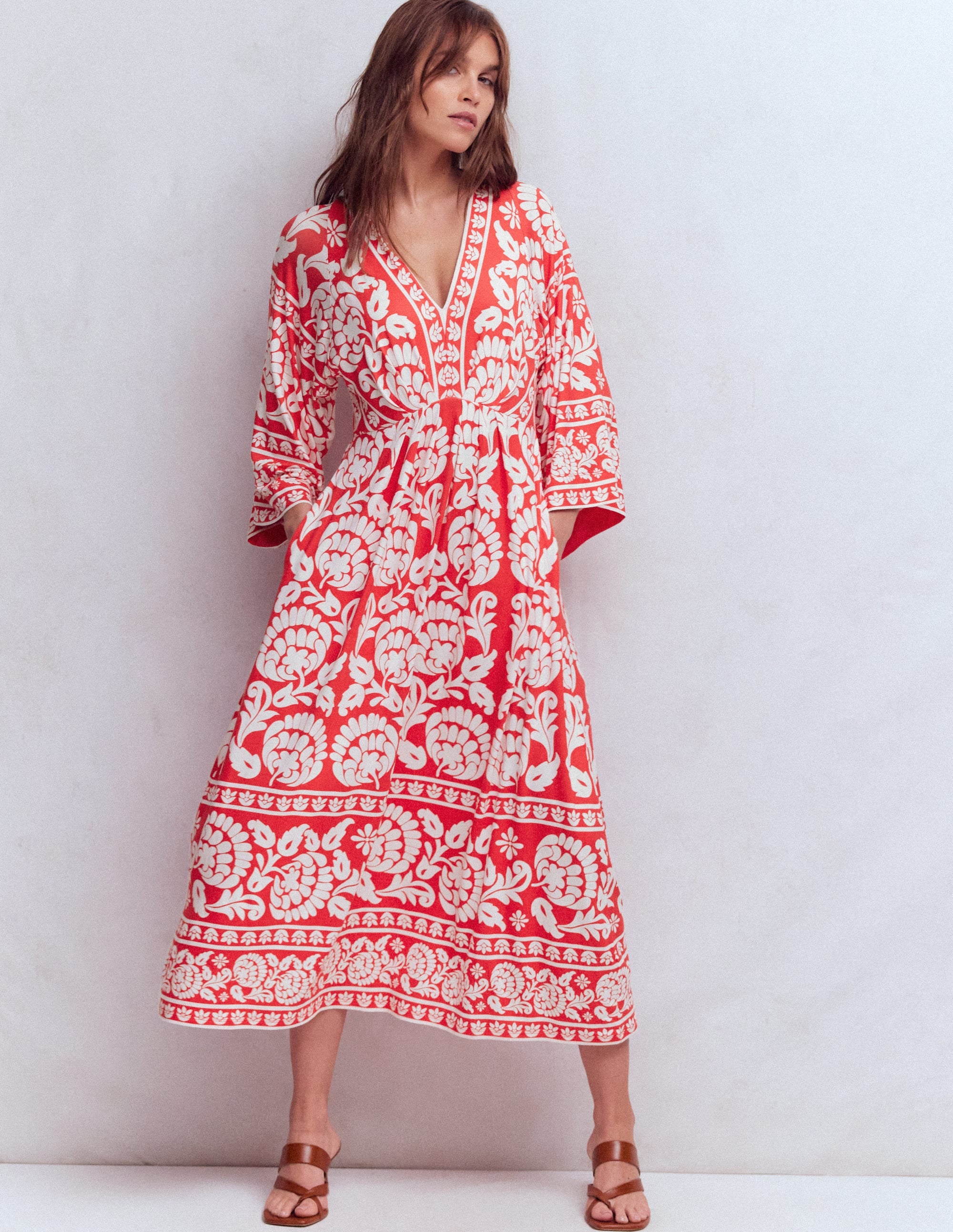Nell Kimono Midi Jersey Dress-Bright Cherry, Ornate Floret - Image 1