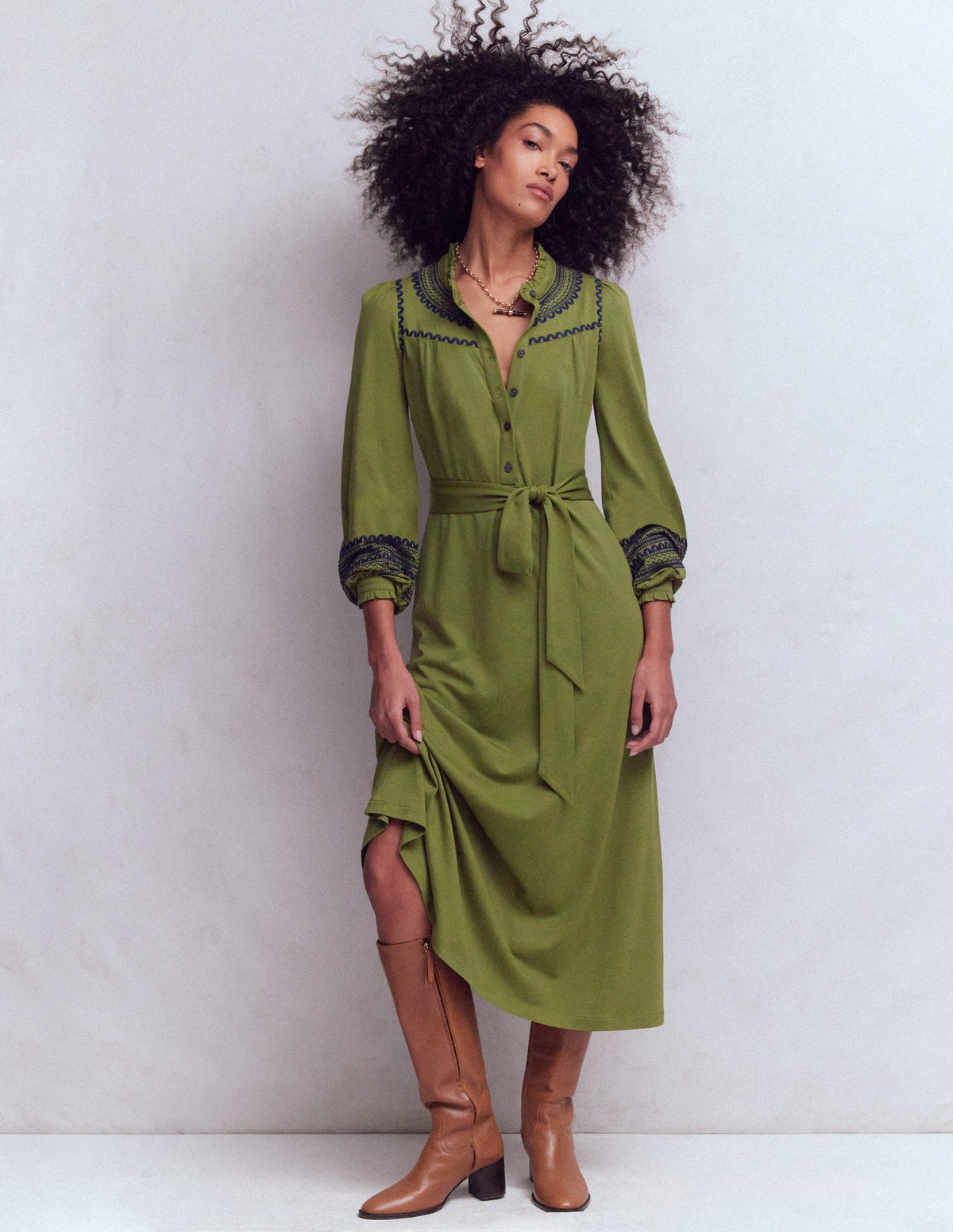 Embroidered Jersey Shirt Dress-Olive - Image 1
