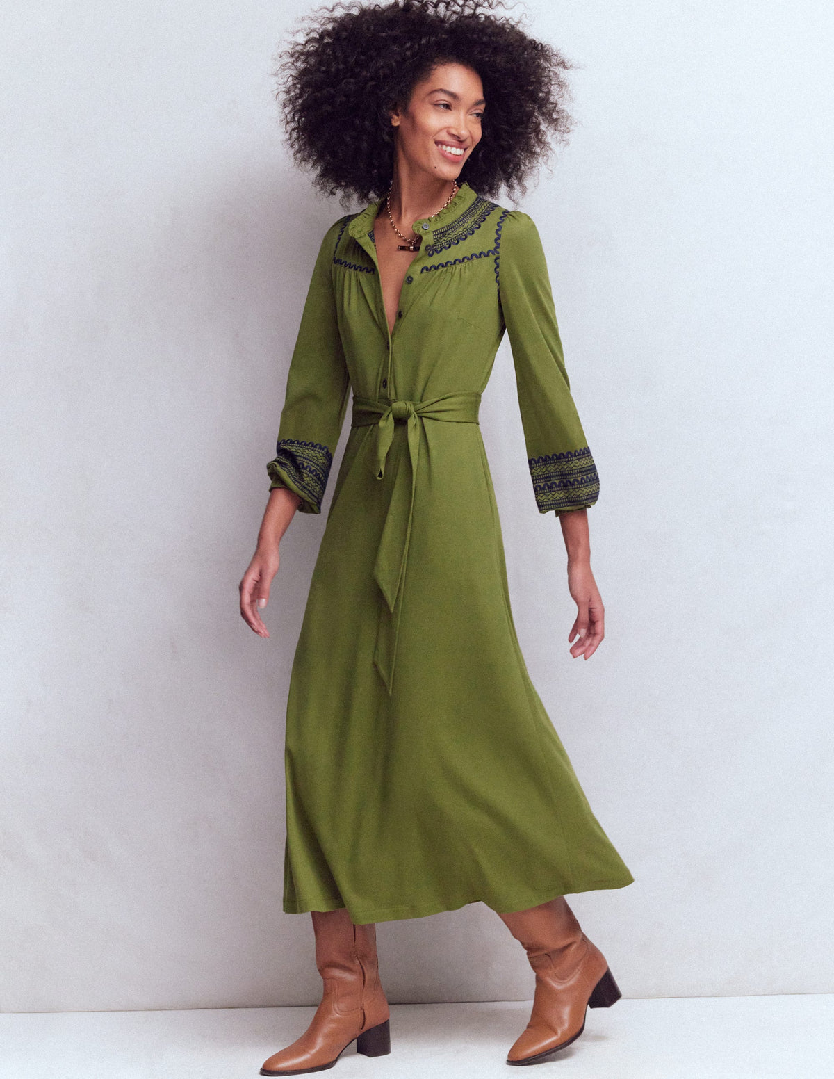 Embroidered Jersey Shirt Dress-Olive - Image 4