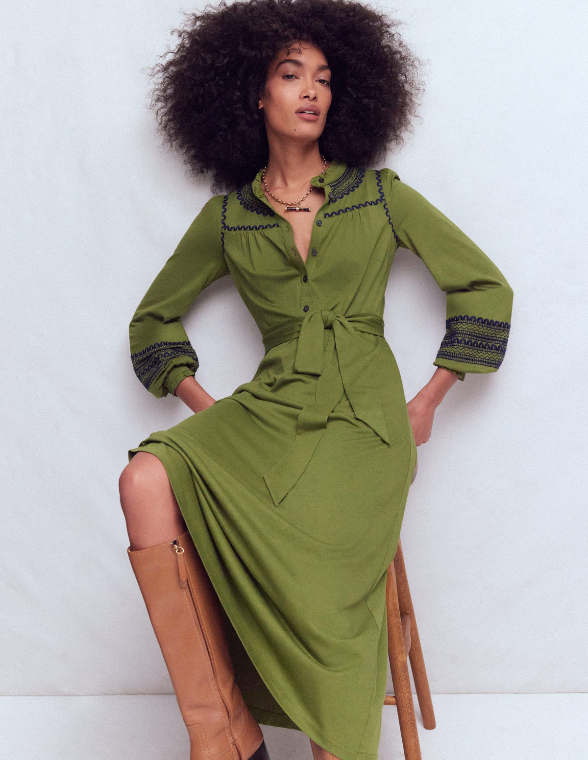 Embroidered Jersey Shirt Dress-Olive - Image 5