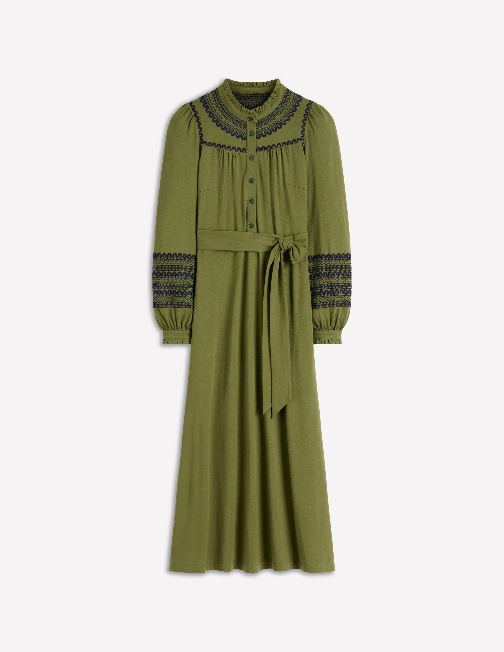 Embroidered Jersey Shirt Dress-Olive-6