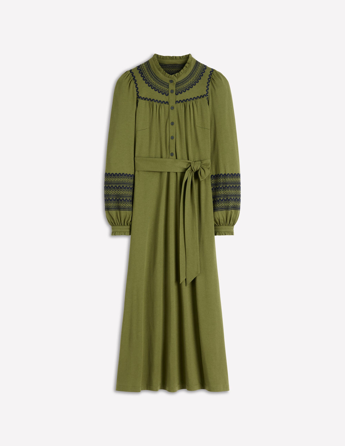 Embroidered Jersey Shirt Dress-Olive - Image 6