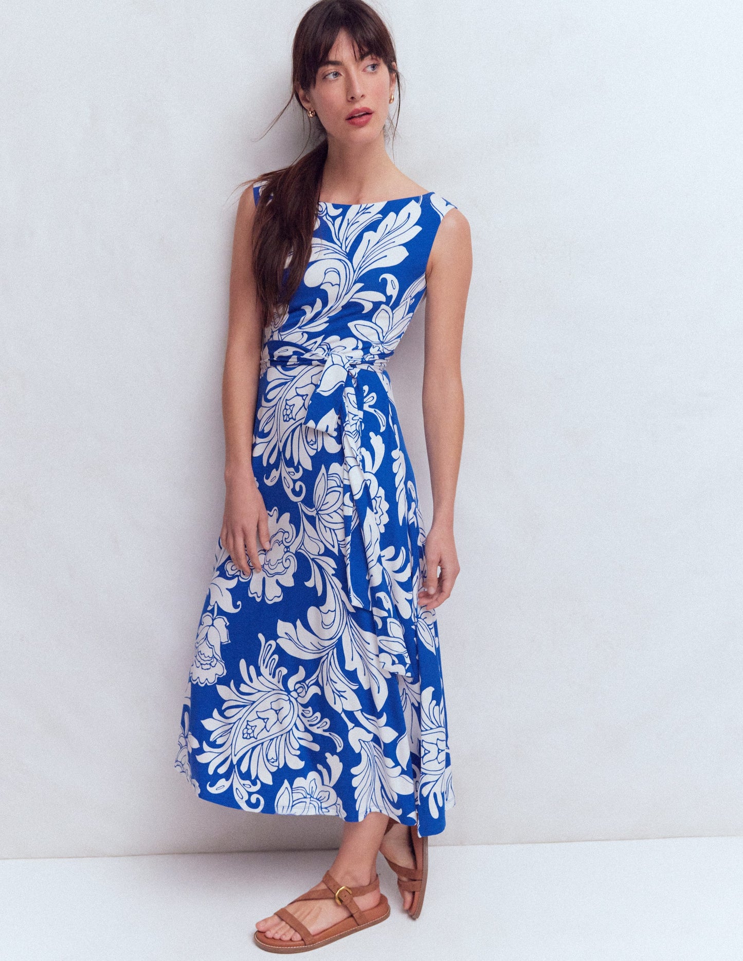 Tamsin Jersey Midi Dress-Blue, Botanical Flourish Mono