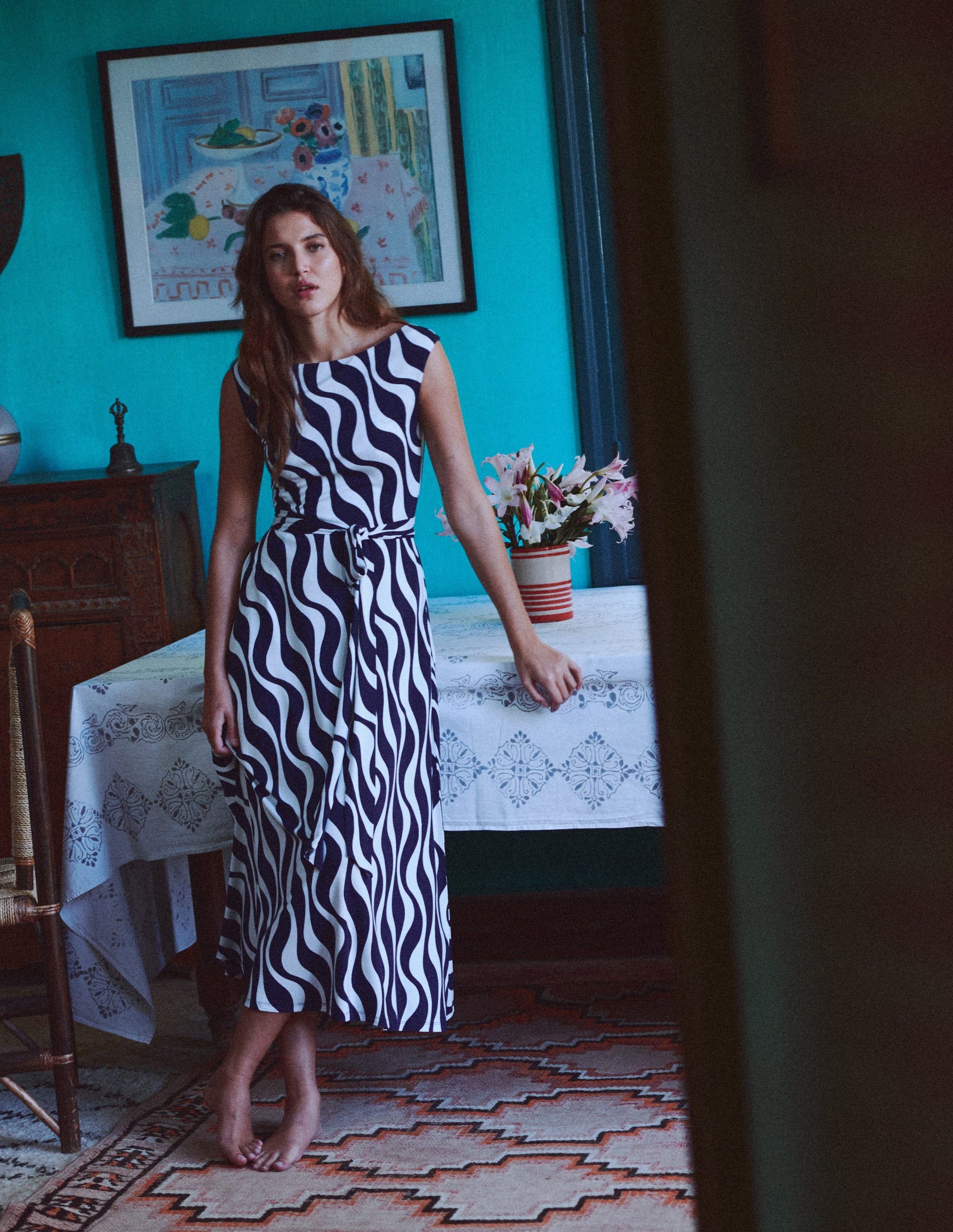 Tamsin Jersey Midi Dress-French Navy, Rhythmic Wave-1