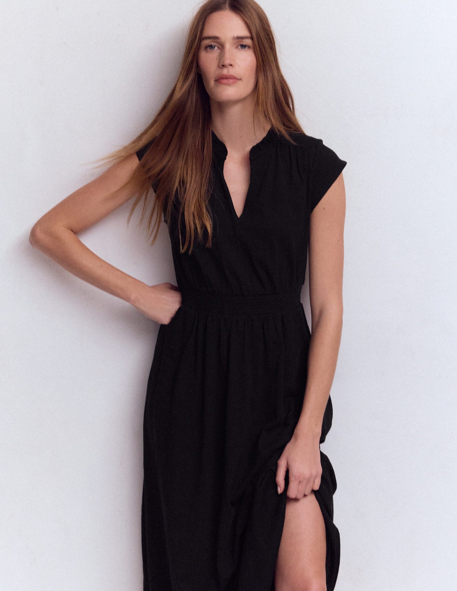 Alba Smocked Jersey Midi Dress-Black-1