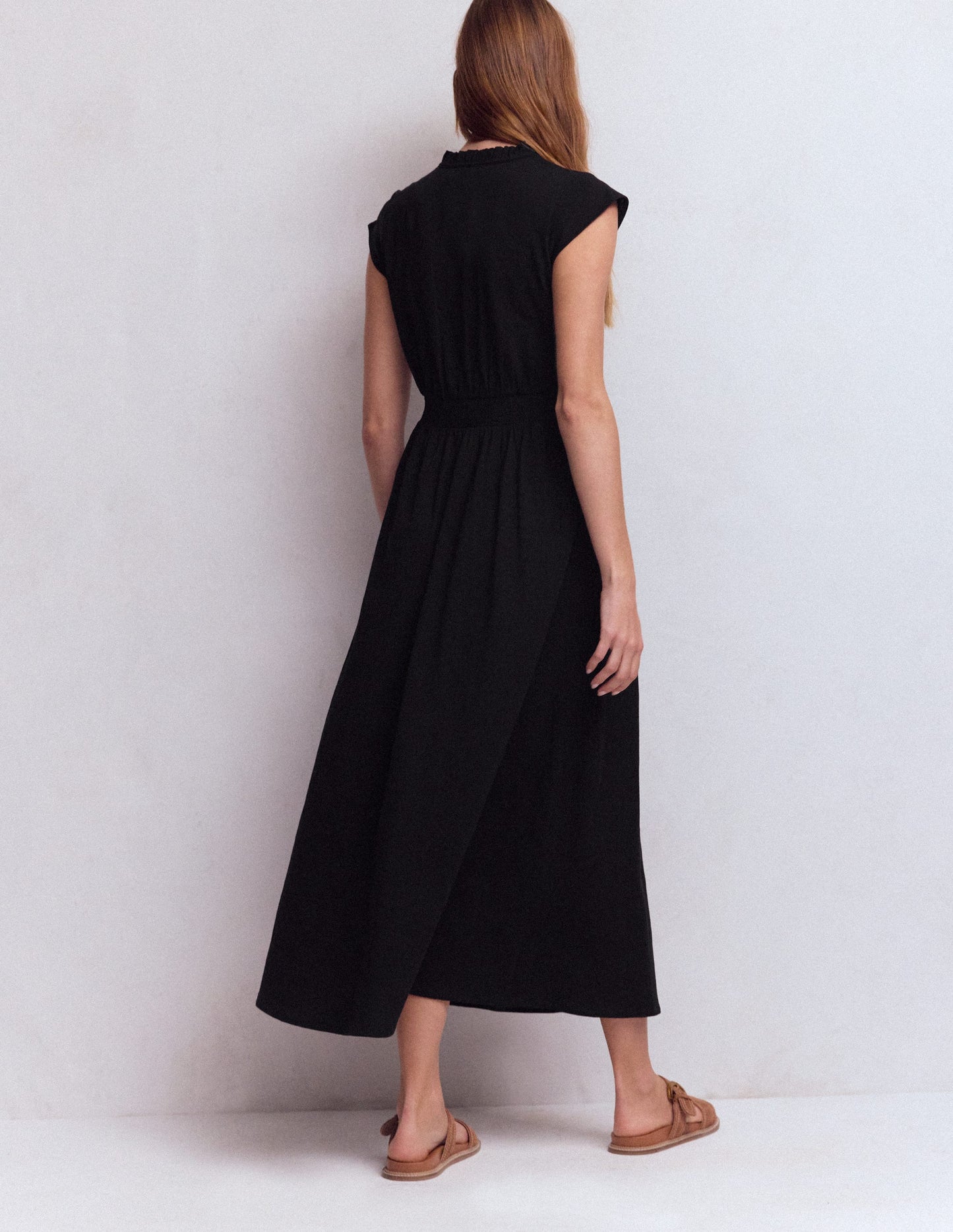 Alba Smocked Jersey Midi Dress-Black