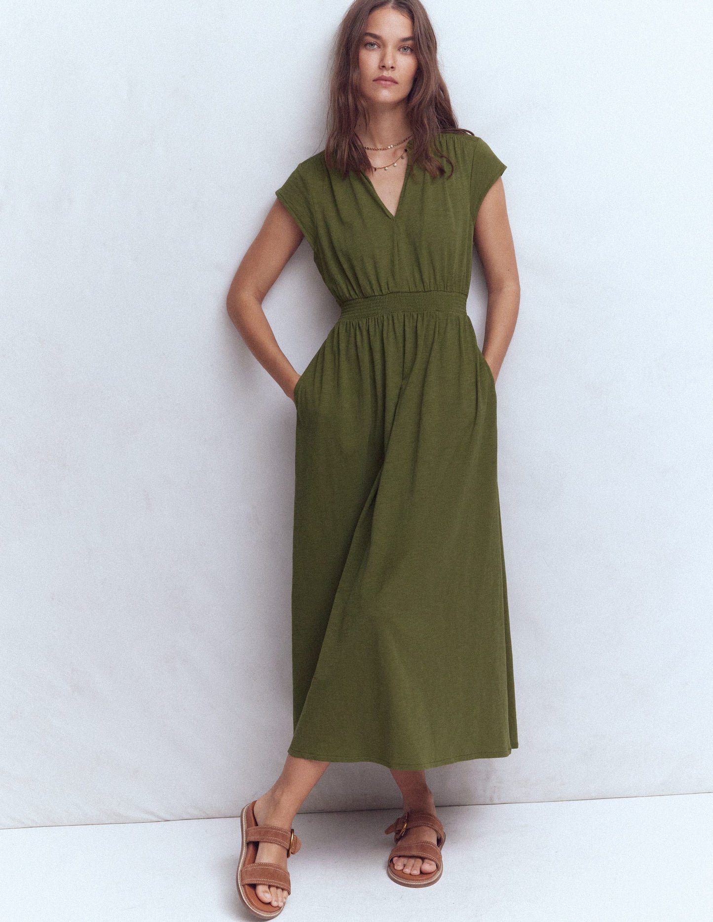 Alba Smocked Jersey Midi Dress-Olive