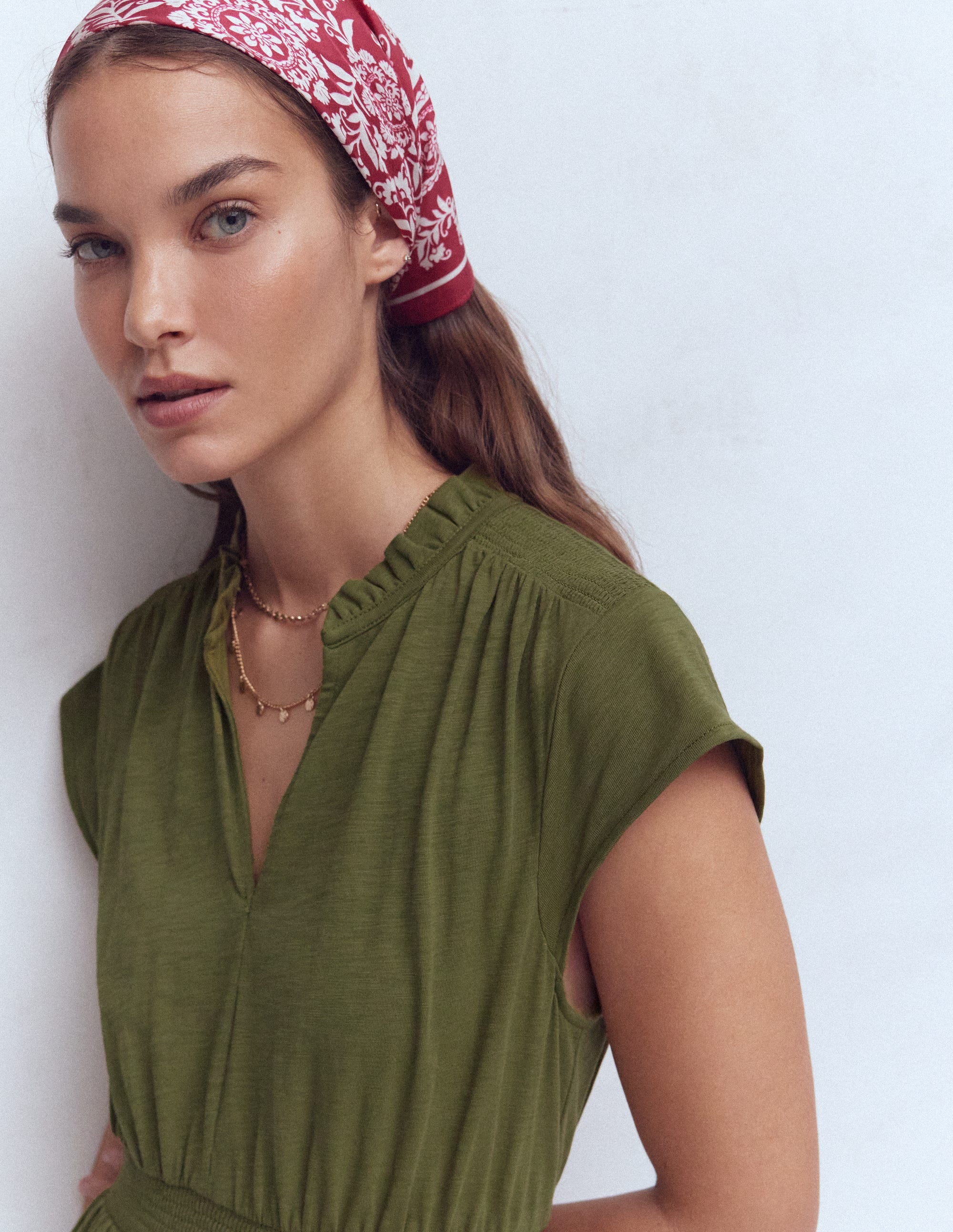 Alba Smocked Jersey Midi Dress-Olive - Image 2