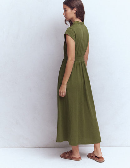 Alba Smocked Jersey Midi Dress-Olive-4