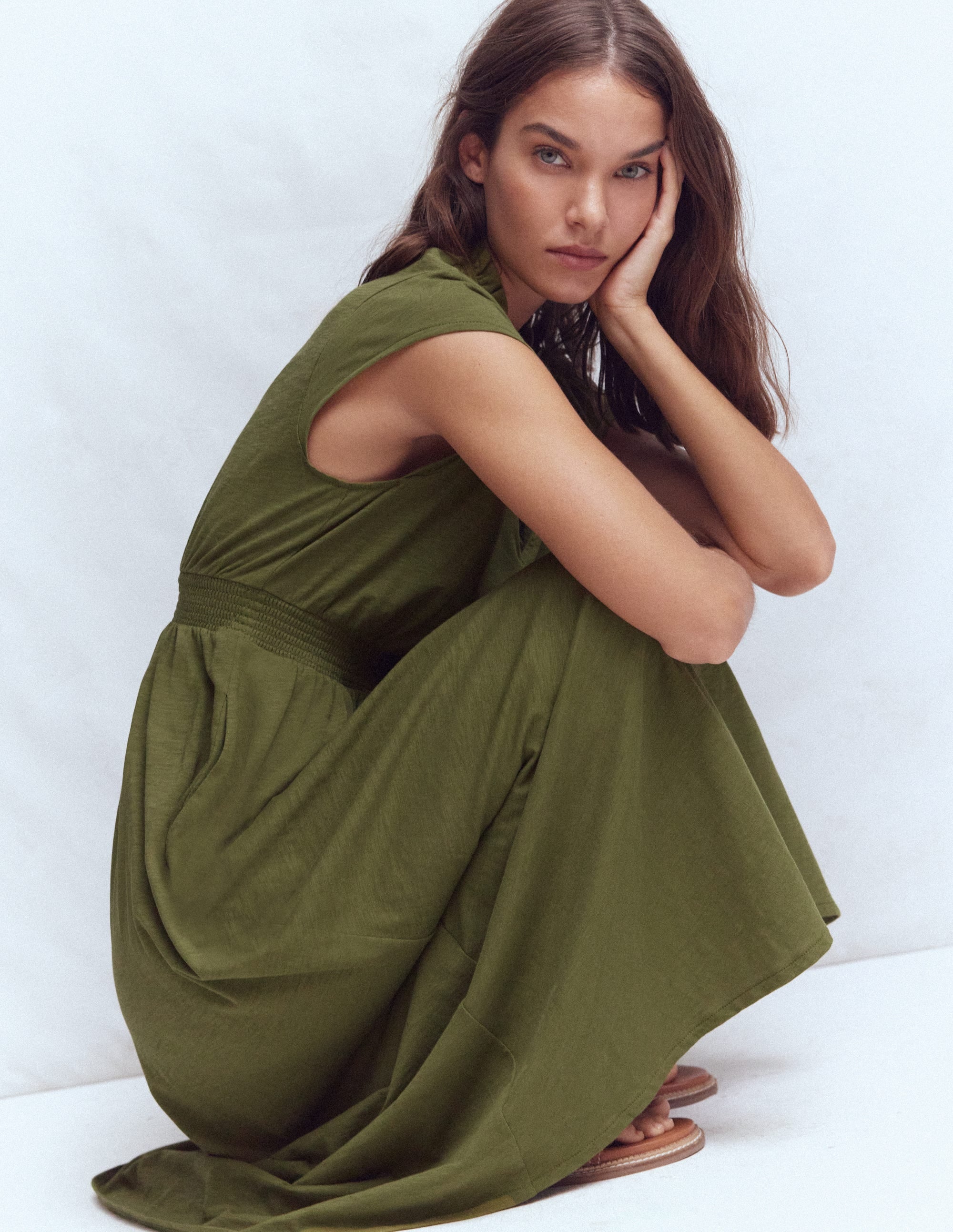 Alba Smocked Jersey Midi Dress-Olive - Image 4