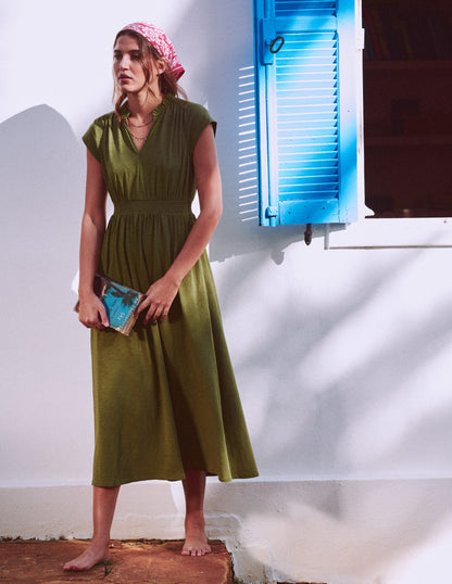 Alba Smocked Jersey Midi Dress-Olive-1
