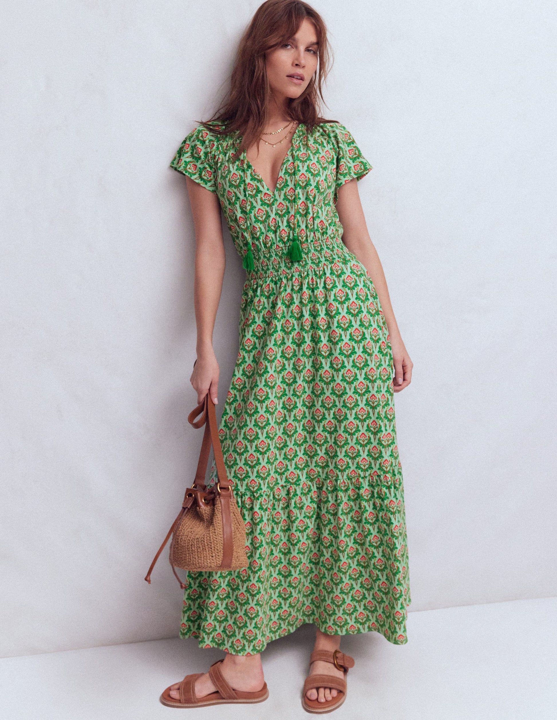 Tala Tiered Jersey Maxi Dress-Pistachio, Ornamental Stamp | Boden USA Tala Tiered Jersey Maxi Dress-Pistachio, Ornamental Stamp | Boden USA