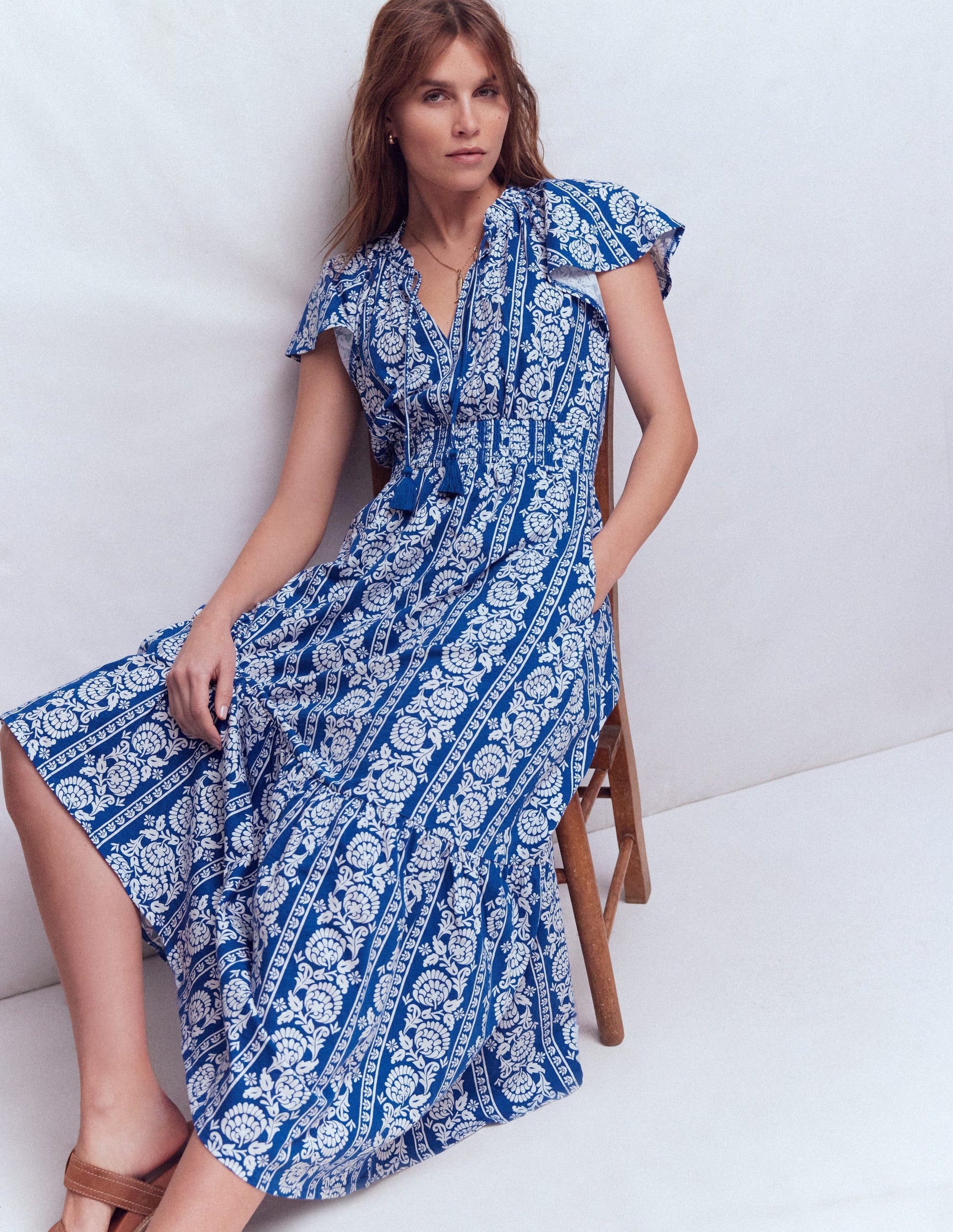 Tala Tiered Jersey Maxi Dress-Bright Blue, Ornate Floret | Boden USA Tala Tiered Jersey Maxi Dress-Bright Blue, Ornate Floret | Boden USA