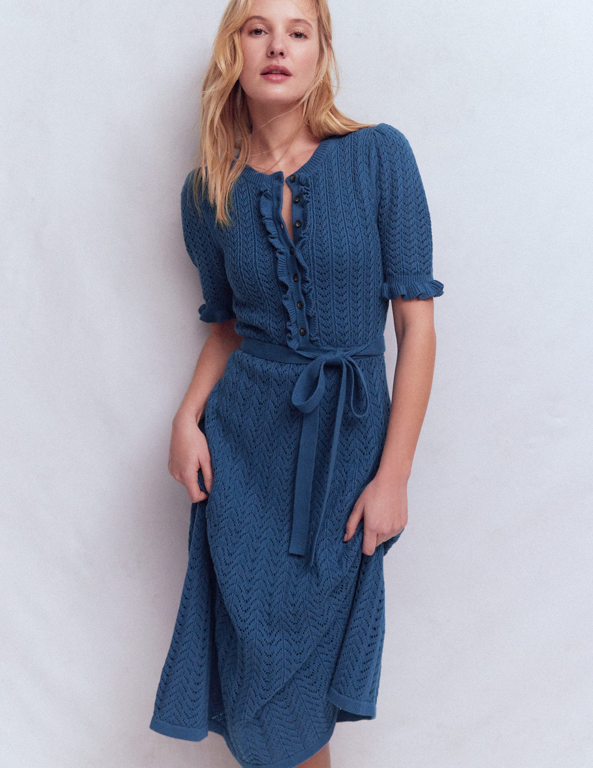Henley Frill Knitted Dress-Denim Blue - Image 1