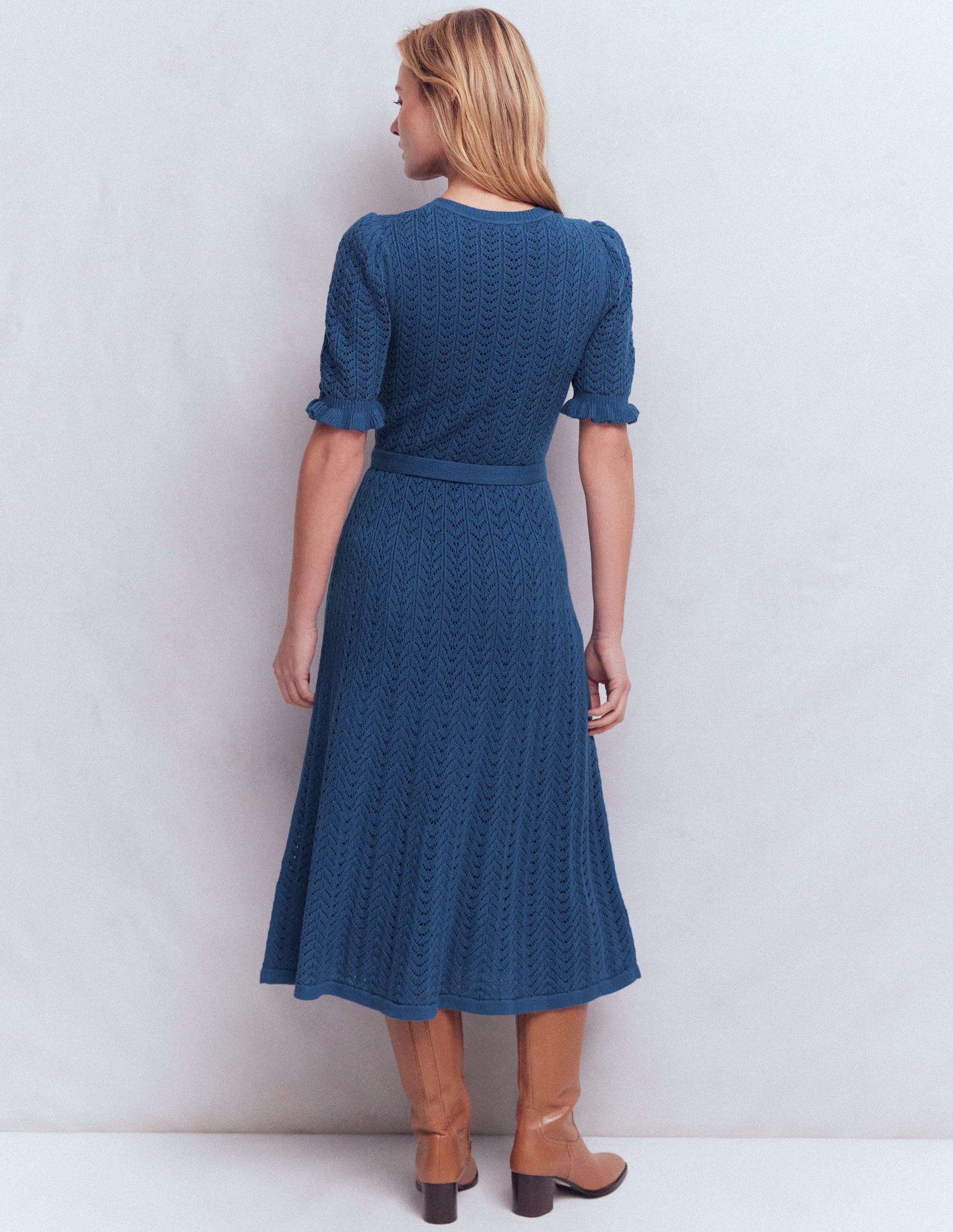 Henley Frill Knitted Dress-Denim Blue - Image 3