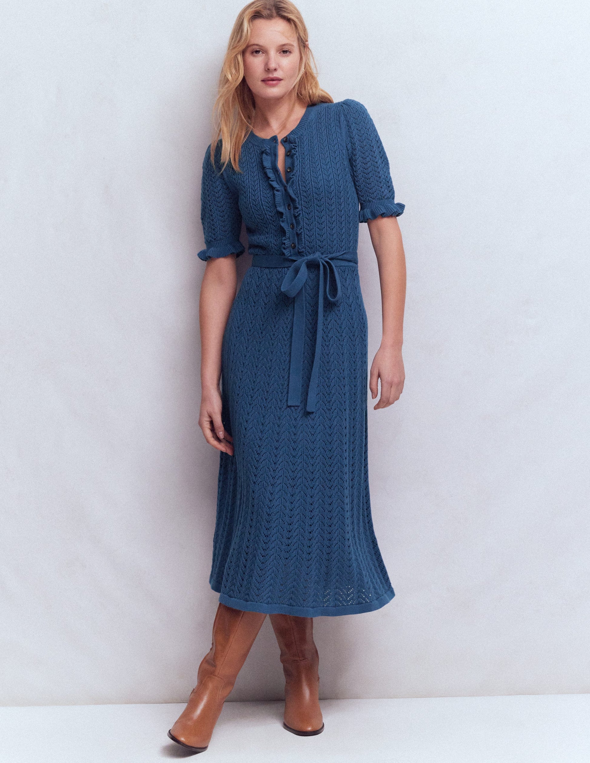 knit dress blue Henley Frill Knitted Dress-Denim Blue