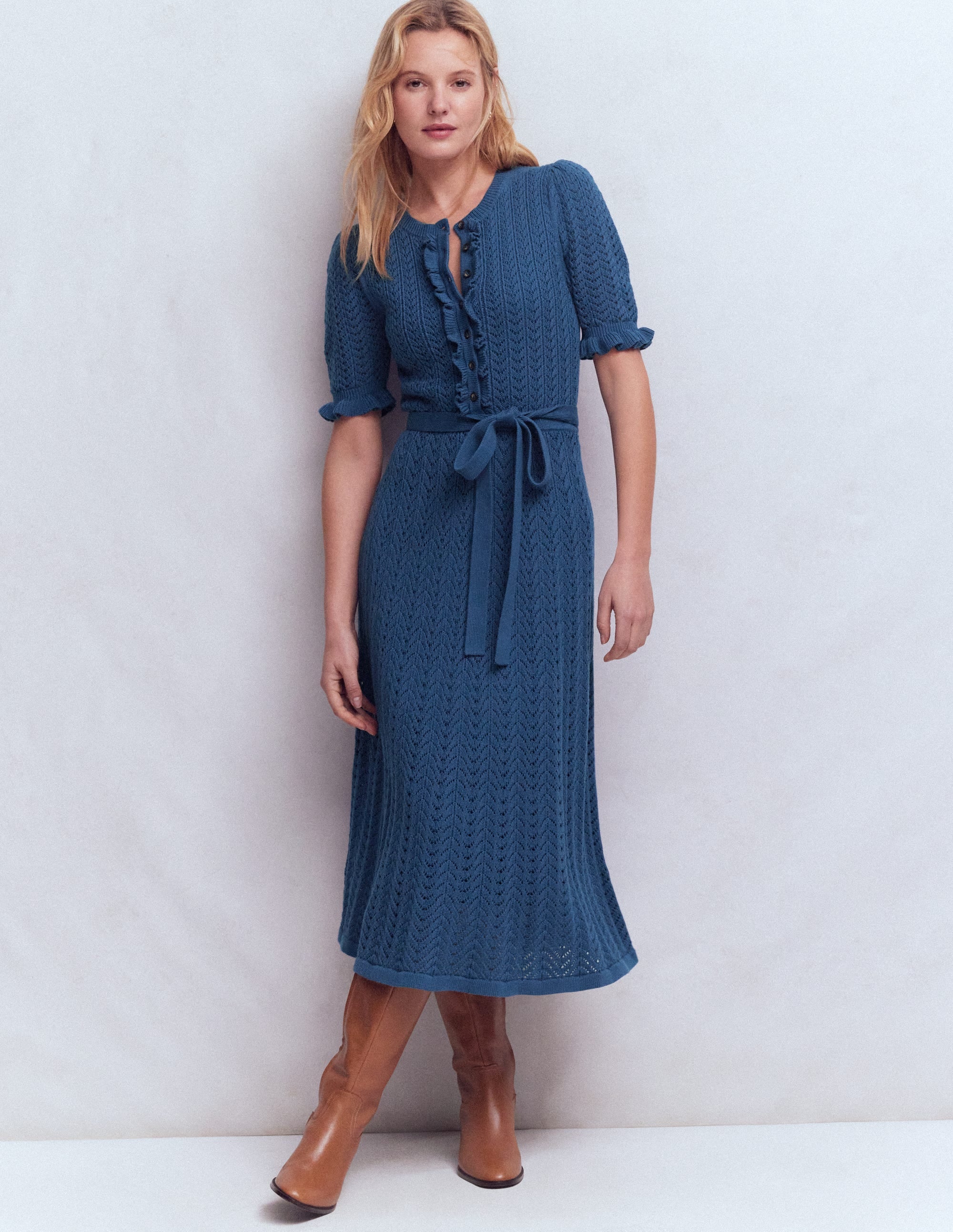 Henley Frill Knitted Dress-Denim Blue