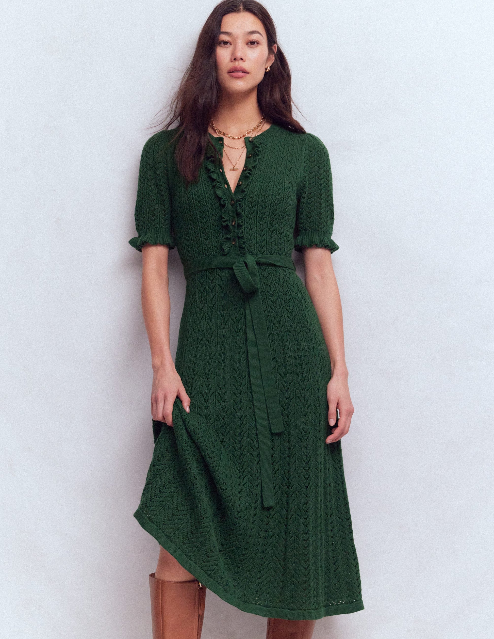 Henley Frill Knitted Dress-Hunter Green-4