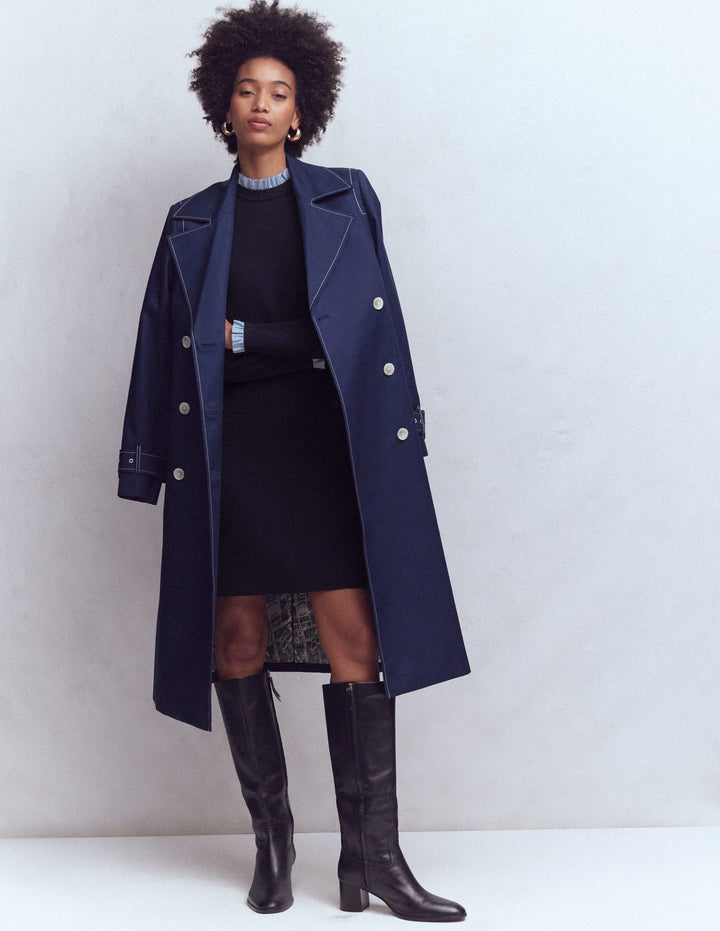 Trim Knitted Dress-Navy