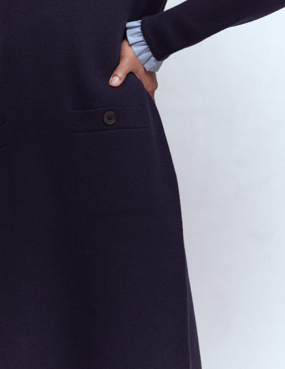 Trim Knitted Dress-Navy-3